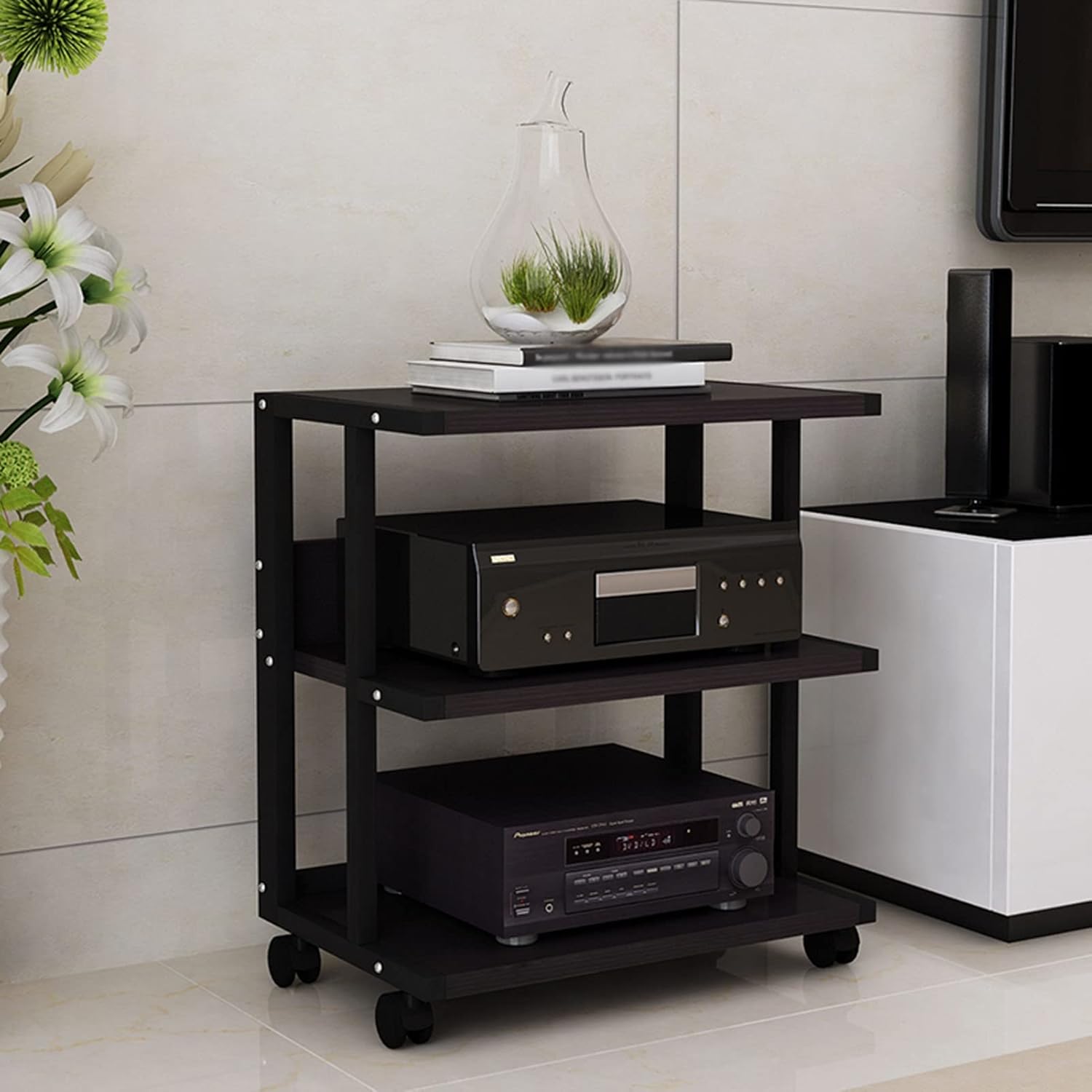 XIHAADOY Av Media Stand Corner Shelf Wooden Corner Shelves Component Cabinet Stereo Audio Rack Stand Tower 3-Tier Mobile (A)