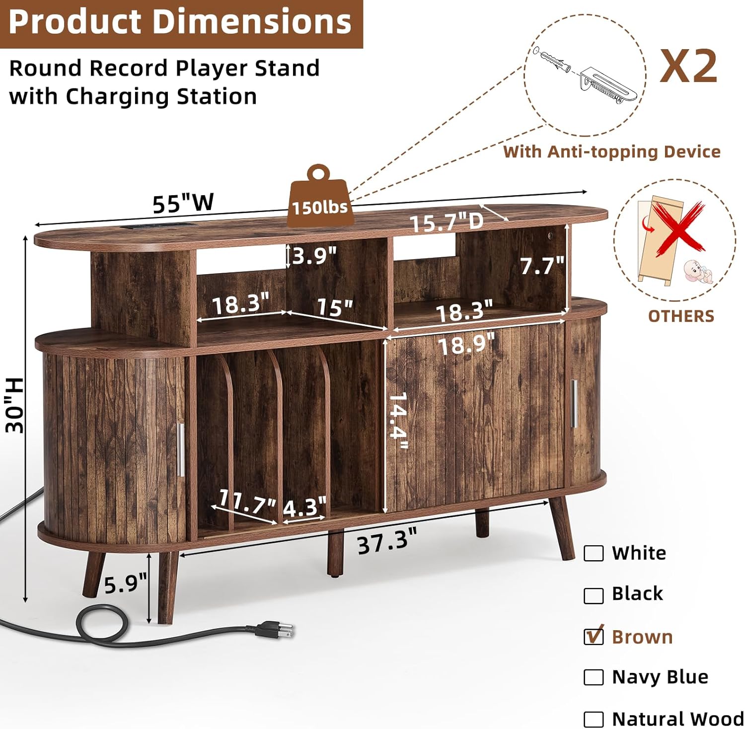 LELELINKY Large Round Record Player Stand with Charging Station & Fluted Panel