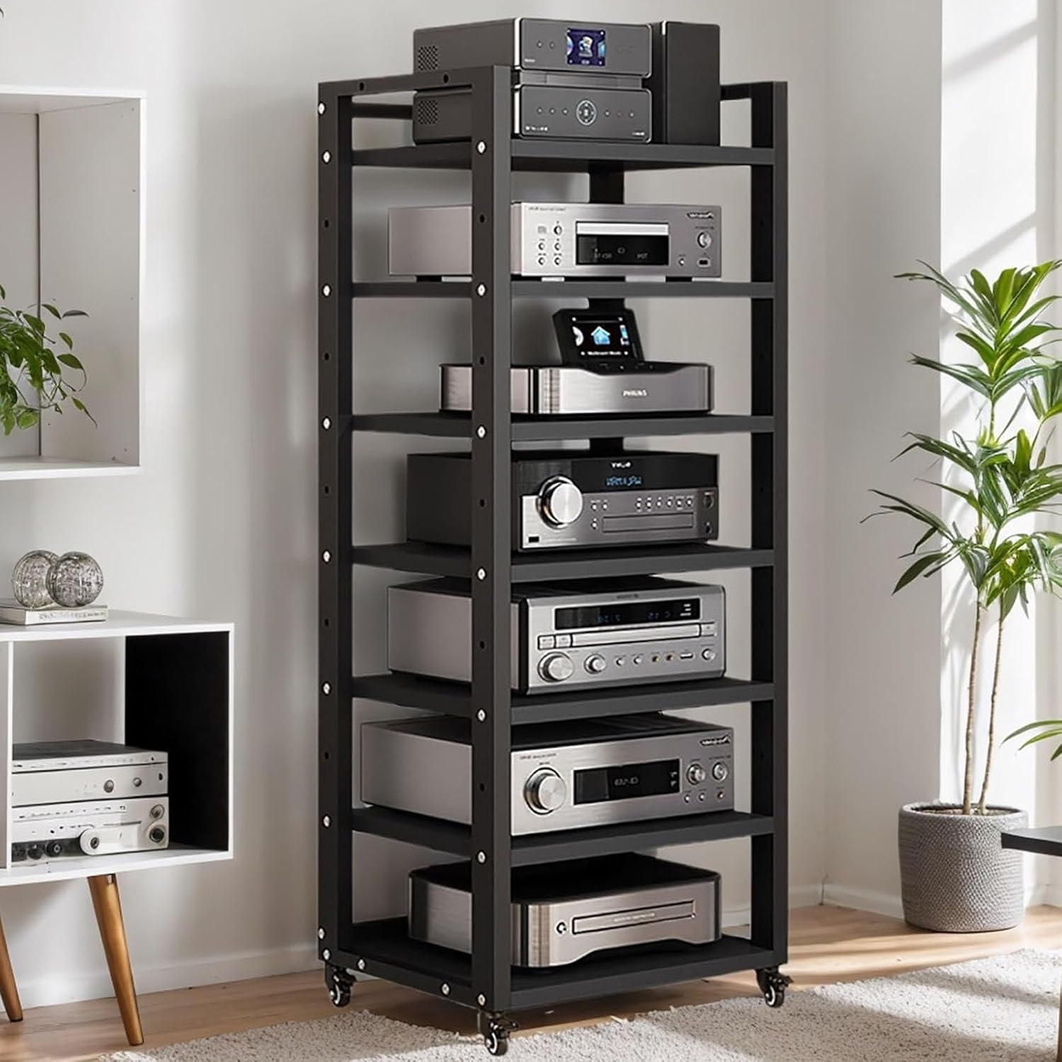 7-Tier Heavy Duty Audio Component Rack with 360 Casters Audio-Video Shelving 47in Tall Hifi Amplifier Rack AV Equipment Cabinet Display Stand CD Record Player Stereo Receiver for Home Office Gaming(B
