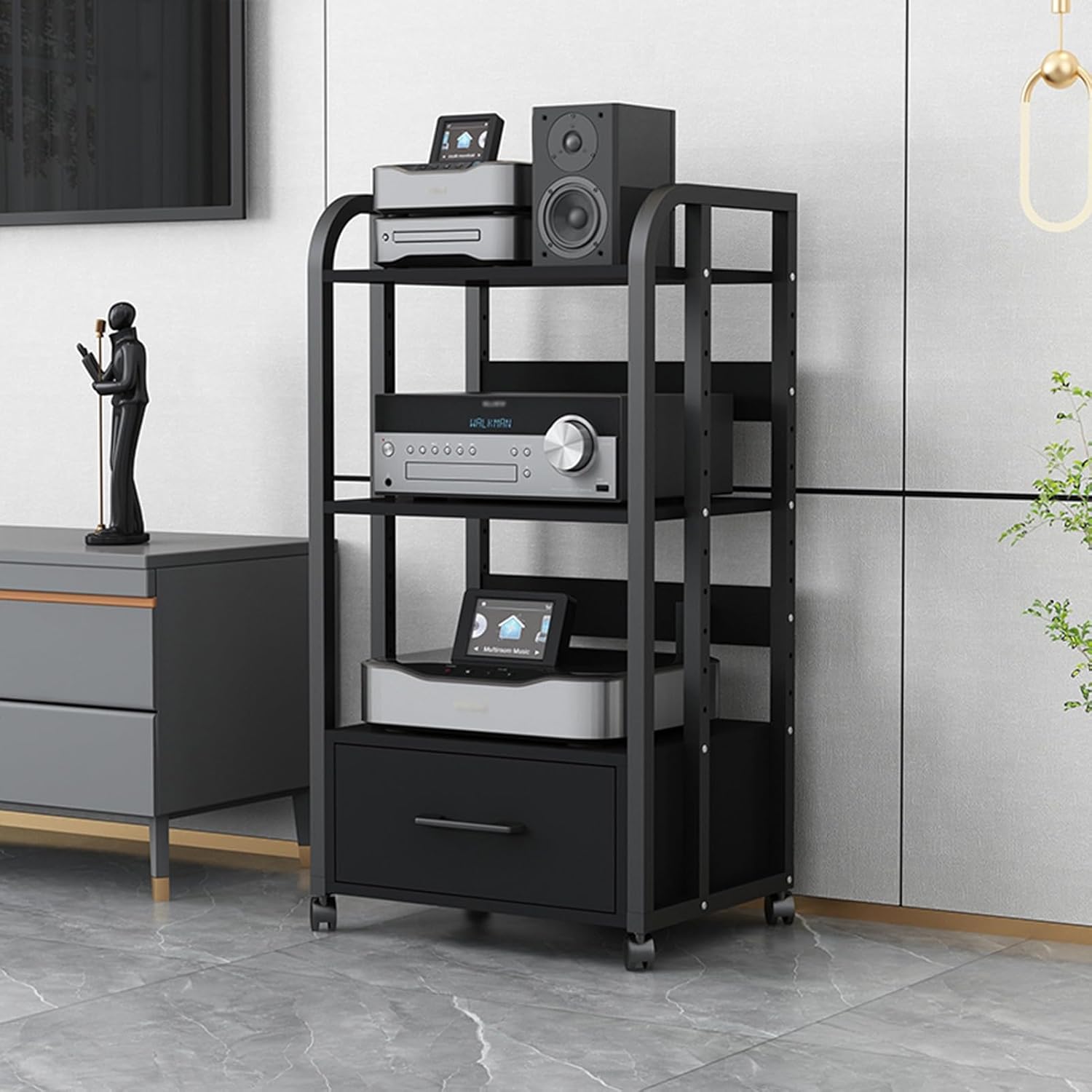 UYCVT Movable Media Stand 2/3/4-Tier Movable Audio Rack Av Media Stand Cd Player Stereo Component Storage Cabinet Corner Media Center and Drawer-B-1-3 Tier-50x40x100cm