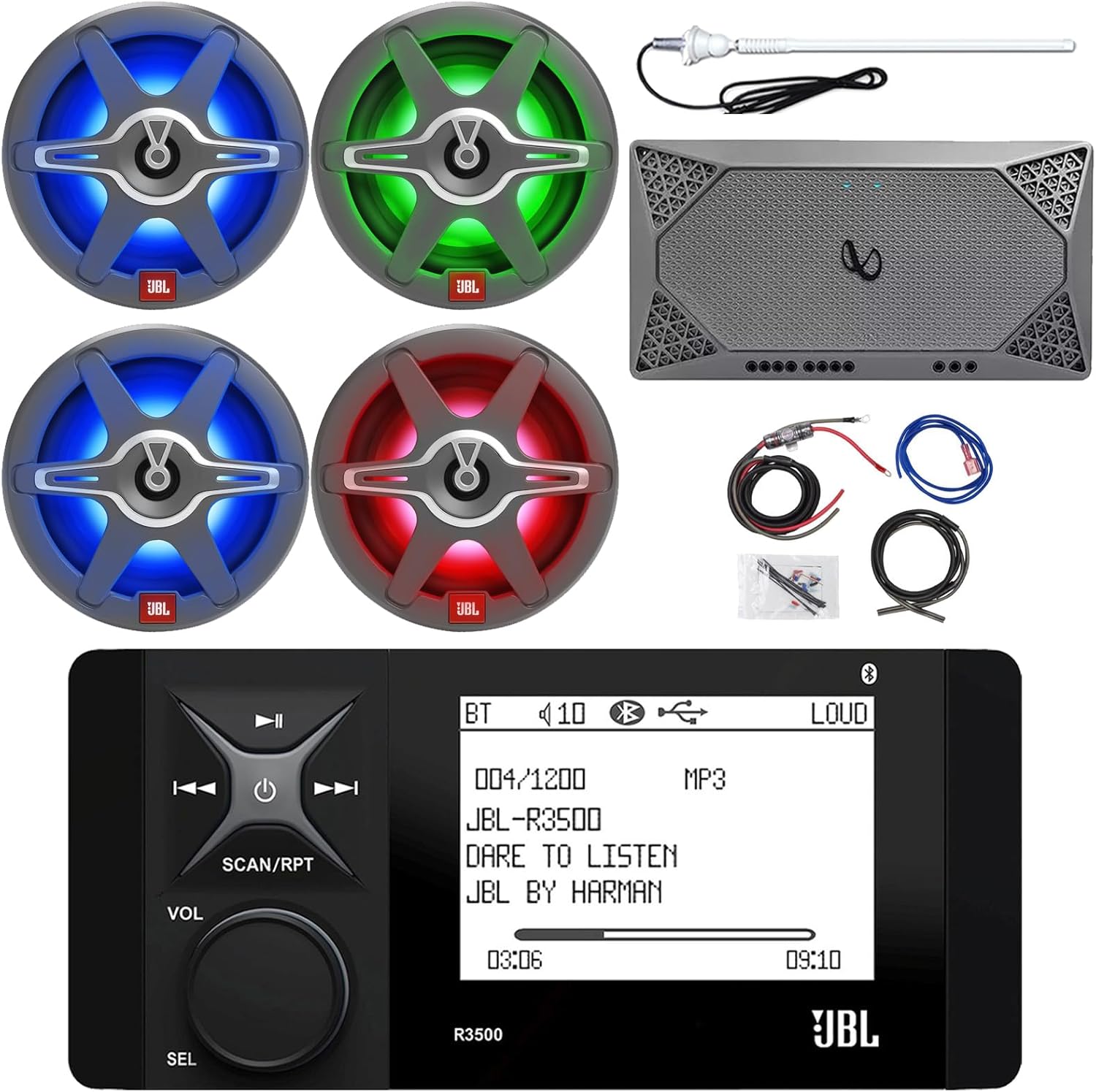 Marine Bluetooth AM/FM Radio Stereo LCD Digital Media Receiver Bundle with 4X 6.5 225W 2-Way Marine RGB LED Speakers
