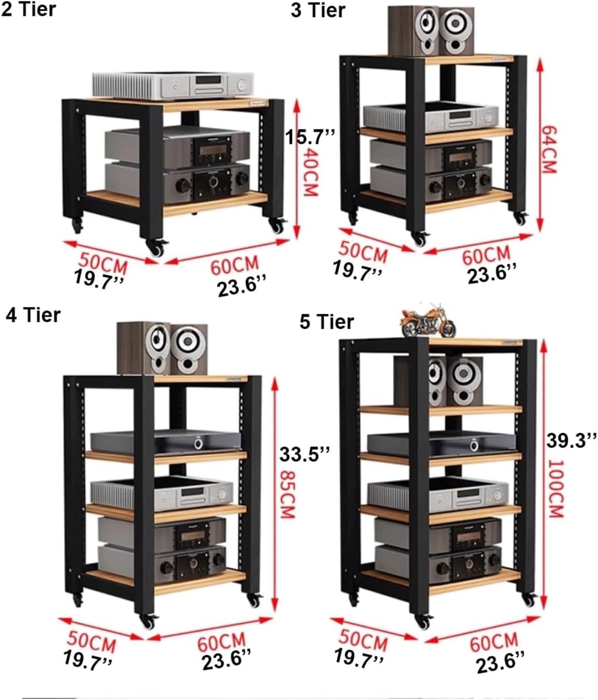 PZEOB Audio Rack AV Media Stand Wooden Audio Rack Tower Stereo Cabinet with Wheels Stand Adjustable Media Storage Shelves Stereo Rack(Wood