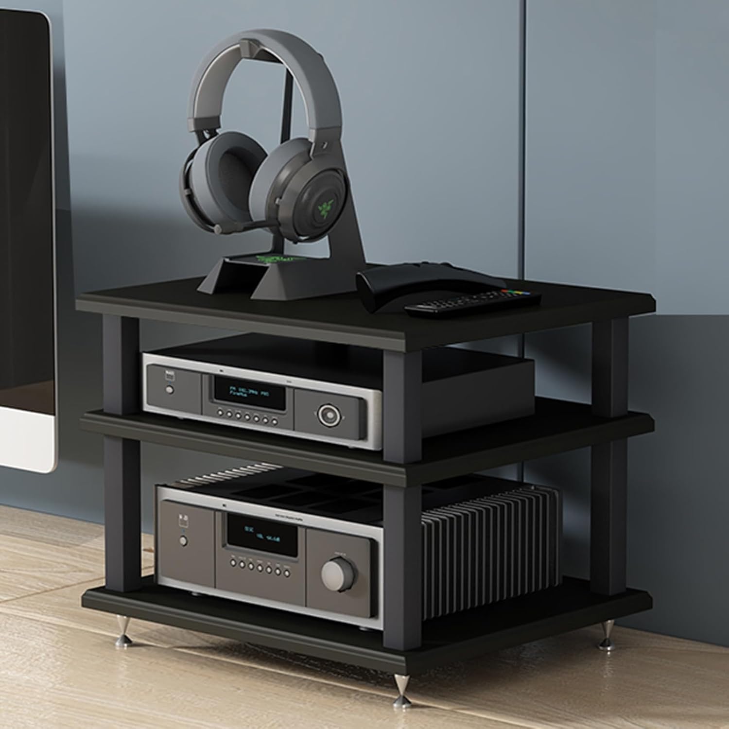 4-Tier AV Media Stand Corner Shelf Audio-Video Rack Stand Entertainment Video Game Console Cabinet Shelf Display Record Player Stereo Receiver for Living Gaming Recording Room(Deep black