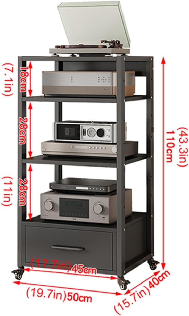 4 Tier Movable Audio Video Media Stand with Height Adjustable Wooden Shelf