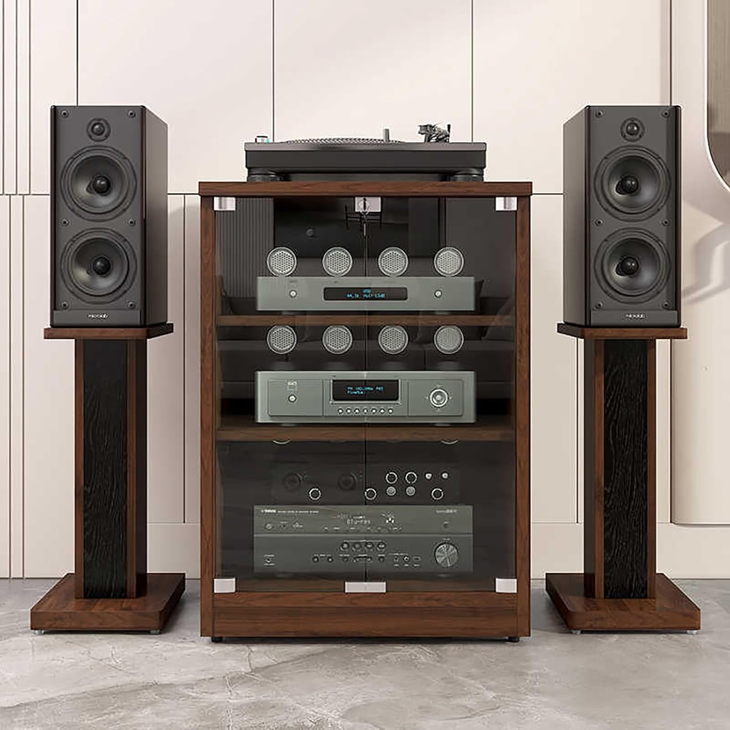 ZIHESY Media Cabinet AV Media Stand Stereo Cabinet with Adjustable Shelves Tempered Glass Doors and Cable Management