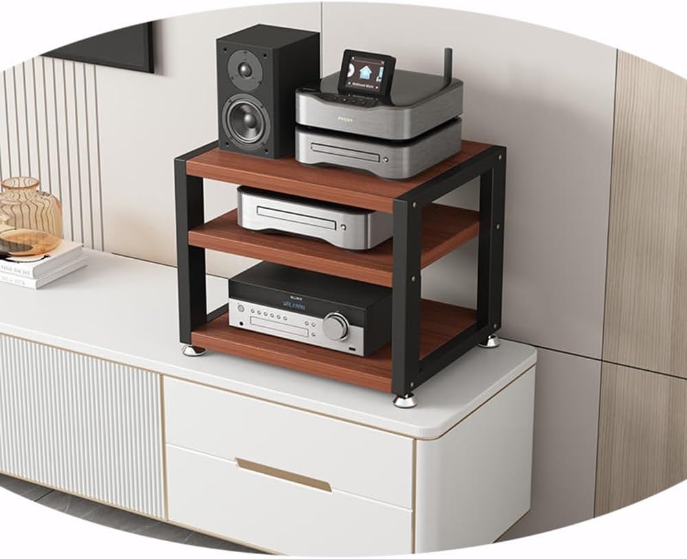 BIUBPW 3 Tier Desktop Amplifier HiFi Rack AV Media Stand Wood Shelf Stereo Rack Corner Audio Tower Office Entertainment Stereo Component Cabinet(Teak