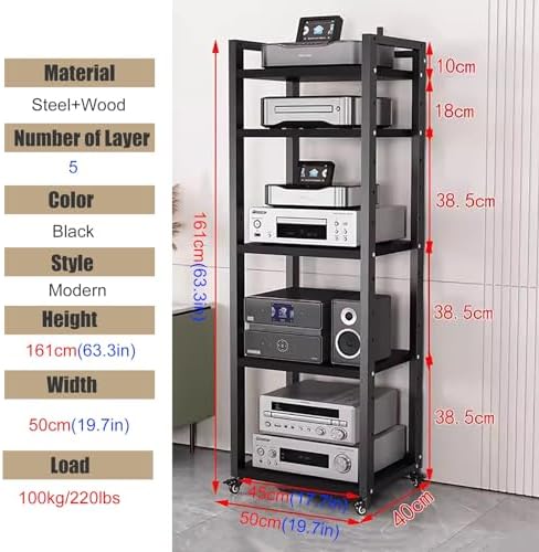 Adjustable Audio Rack Shelf - Media Cabinet with Casters for Living Room