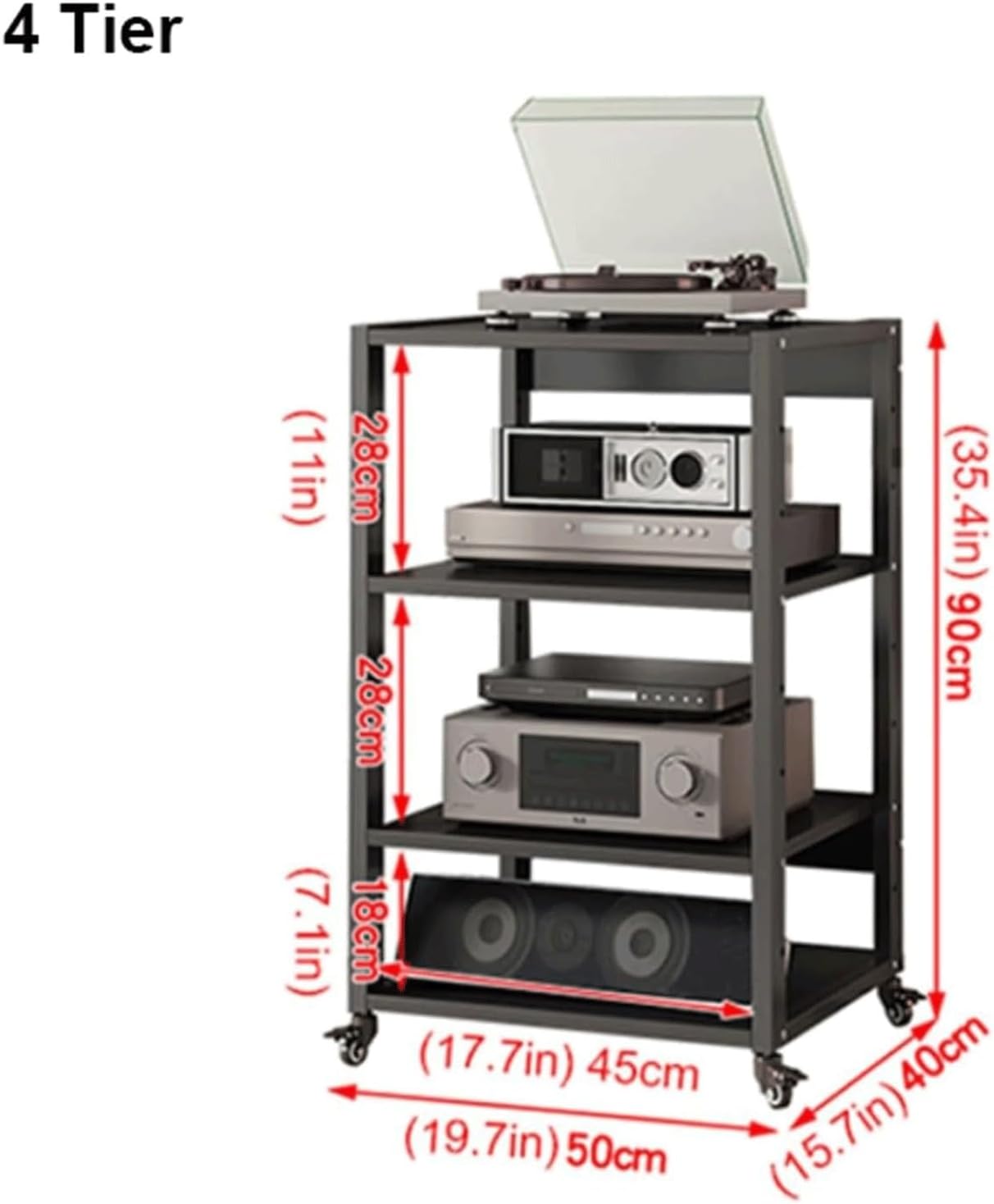 PZEOB Modern Stereo Stands AV Media Stand with Wheels Adjustable Audio Rack Stand Audio-Video Shelving for Home Office Audio Rack Cabinet(4 Tier(90cm))