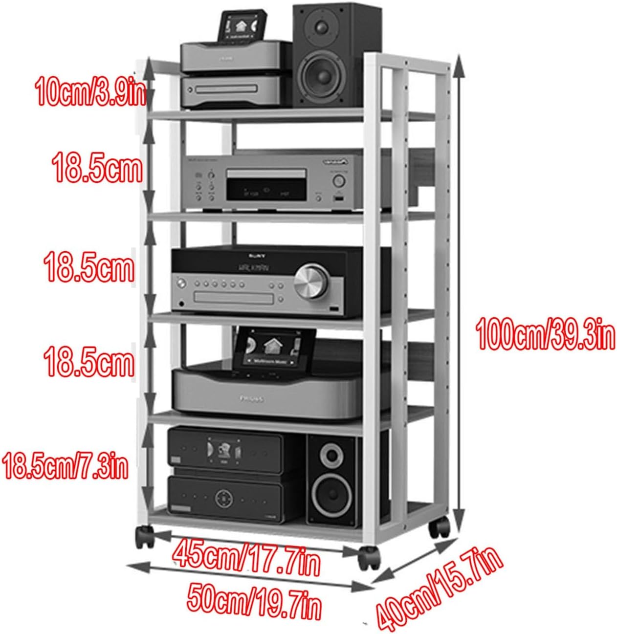 4/5-Tier Movable AV Media Stand CD Player Stand Stereo Rack Corner TV Stand Audio Video Components Cabinet with Height Adjustable Wooden Shelf for Home/Office/Theater