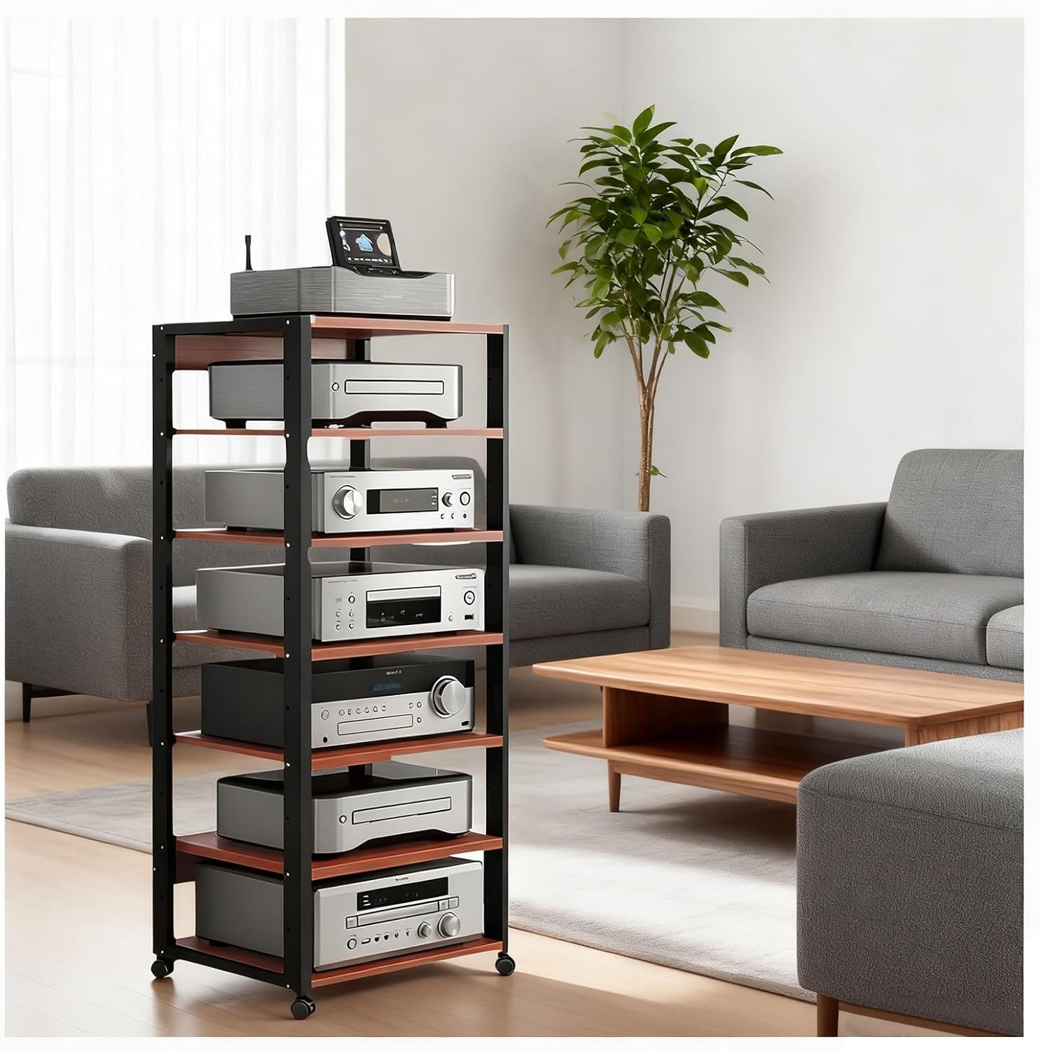 Black Adjustable Height 7 Shelf Audio Rack Stand