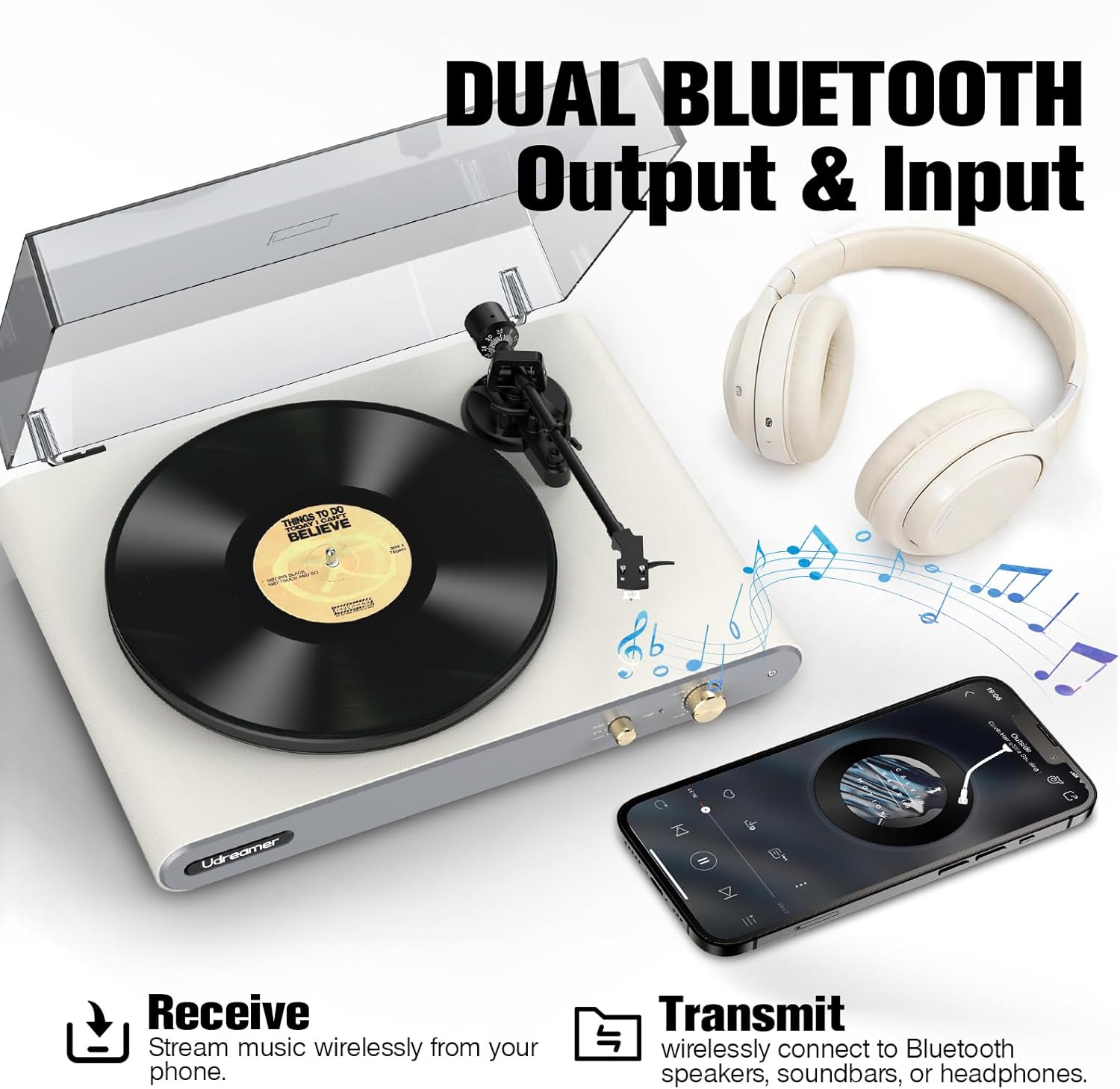 Vinyl Record Player with 40W Bookshelf Speakers and Dual Bluetooth