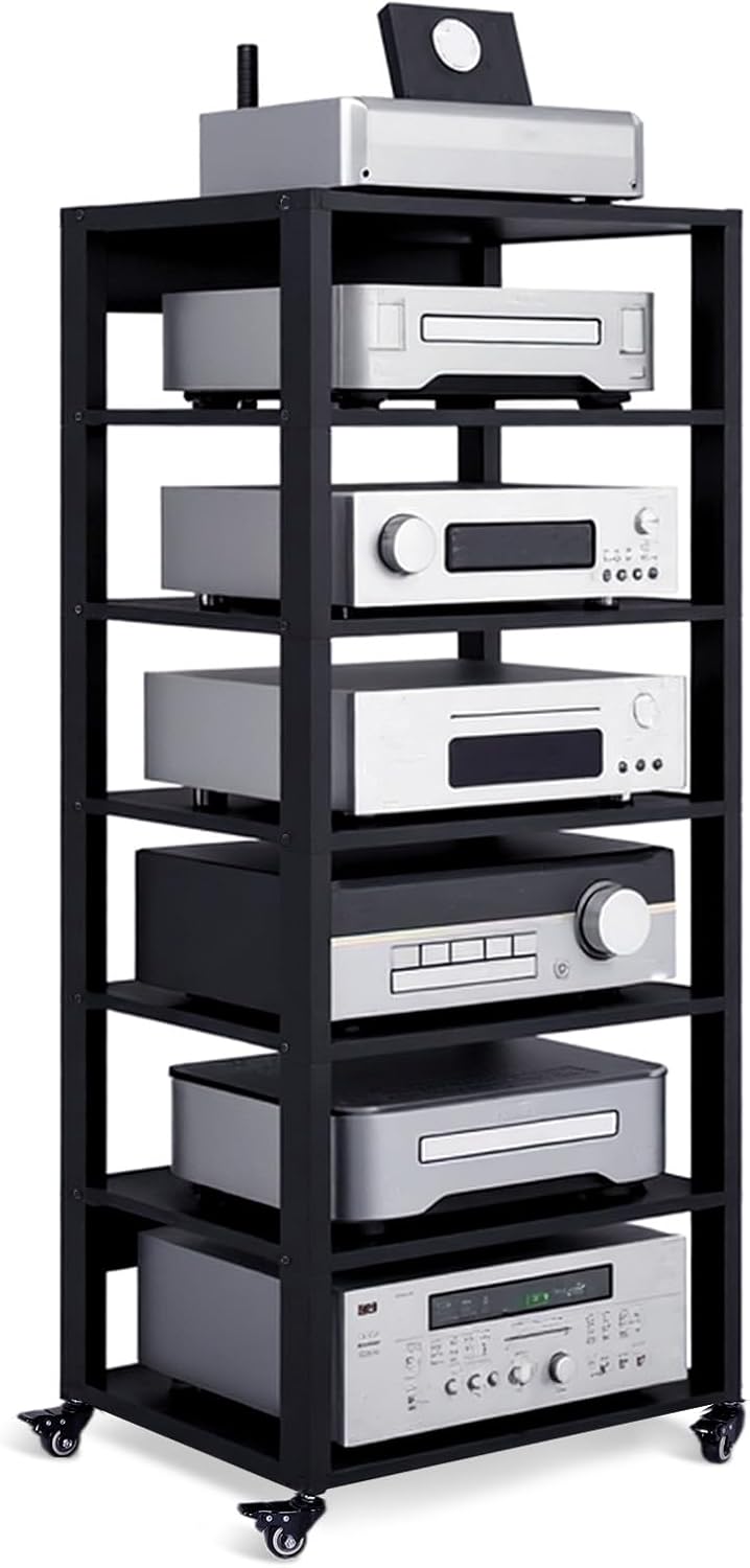 Media Storage Shelf with Wheel Audio Media Stand Adjustable Media Console Cabinet Shelf Heavy Duty for CD Record Player Stereo Receiver AV Equipment