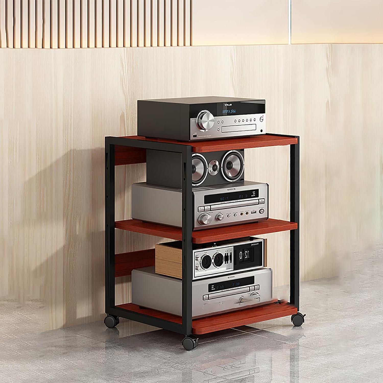 Audio Rack Gaming Shelf Floor-Standing Audio Rack Modern Audio-Video Media Stand with Universal Wheel Mobile Media Storage Stands for Meeting Livingroom Gaming Recording Room.(Walnut