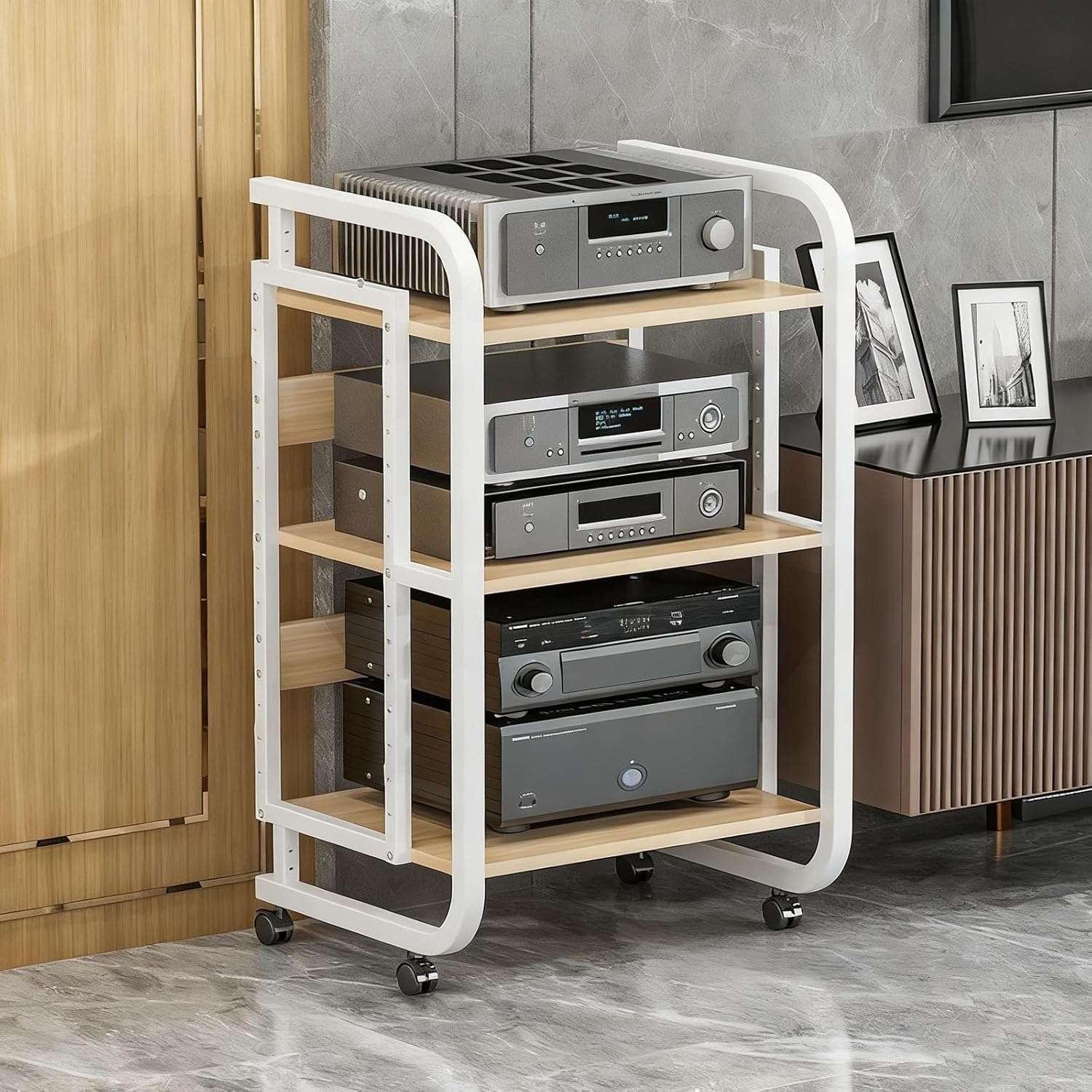 Adjustable 3/4/5 Tier Heavy Duty Audio Rack with Wheels - Versatile Media Storage Cabinet for CD/DVD Players
