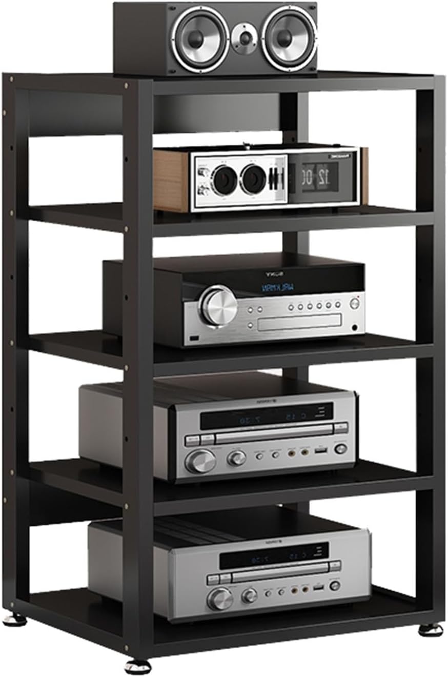 5-Tier Modern AV Component Cabinet Media Center CD Player Stand Stereo Rack Floor-Standing Open Storage Audio Tower with Height Adjustable Wooden Shelf for Home/Office/Theater