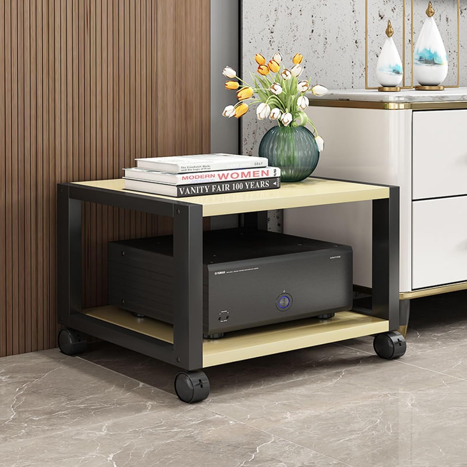 Stereo Stand Record Player Stand with Storage 2-Tier AV Media Stand Corner Shelf Movable Audio Rack Tower Player Stand Storage for Entertainment Stereo Component for Living Gaming Recording Room(White