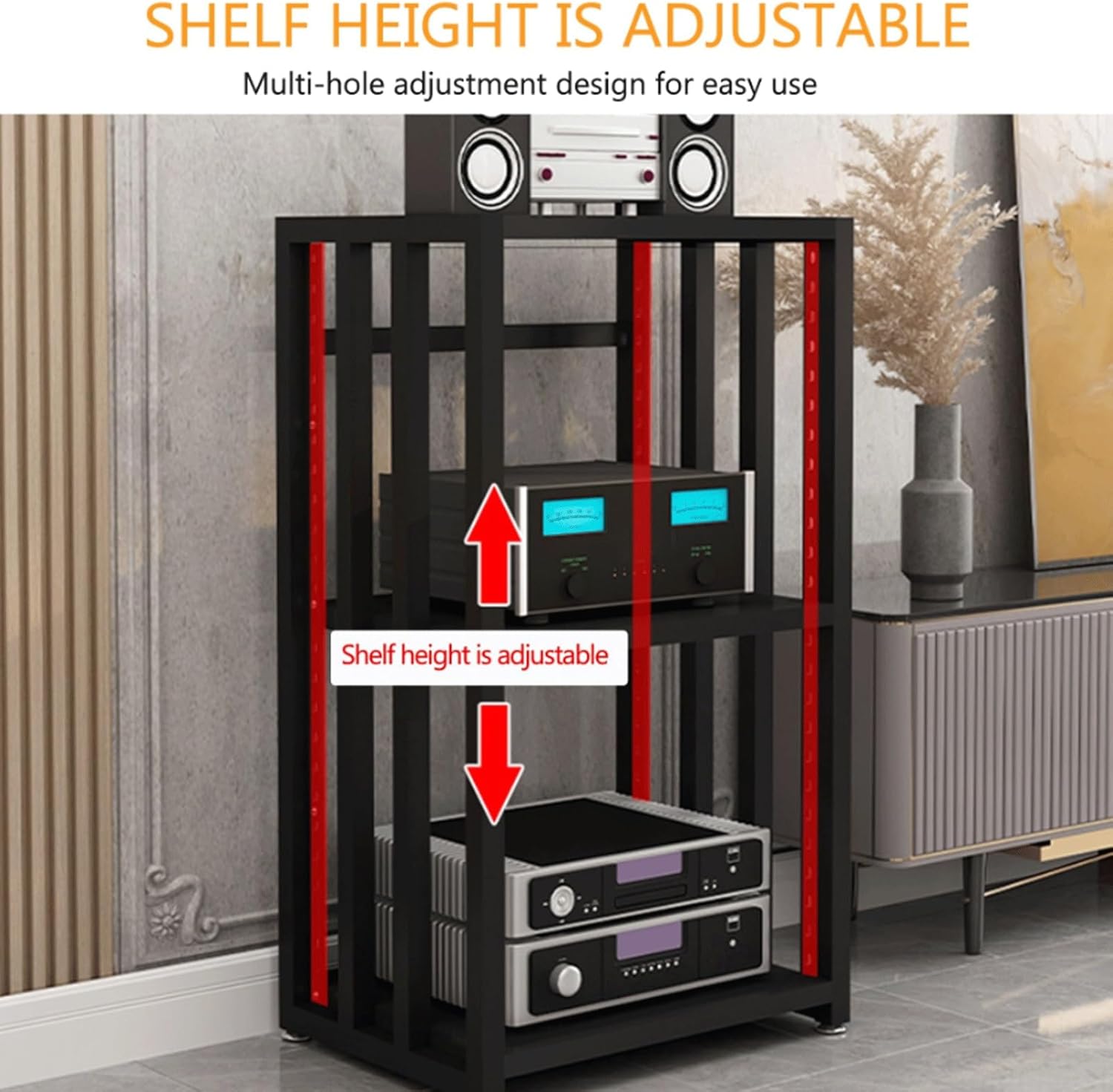 XMFBSY Medios 4-Tier AV Media Stand HiFi Stand Audio Tower Rack with Adjustable Shelves Wooden Stereo Component Cabinet for Record Player TV Box Game Console Organizer(Natural)