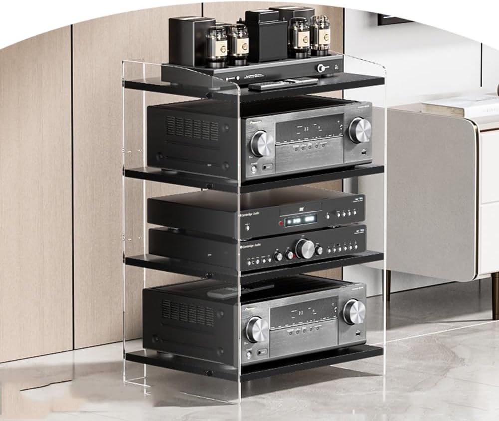 KGPGNYMYHA 3 4-Tier Media Storage Shelves Acrylic AV Media Stand With Wooden Shelves