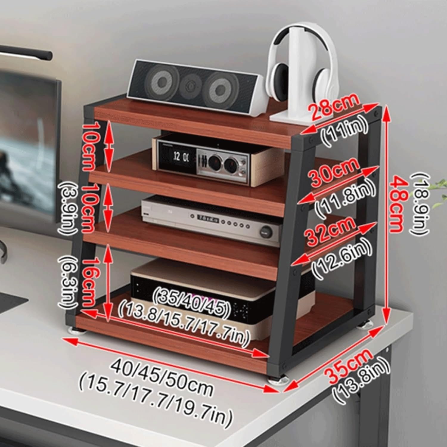 KUddYYKi Audio Rack 2/3/4 Tier Stereo Rack Audio Equipment Rack Wooden Audio Rack Cabinet Open Trapezoidal HiFi Rack Strong Stereo Shelf(Brown