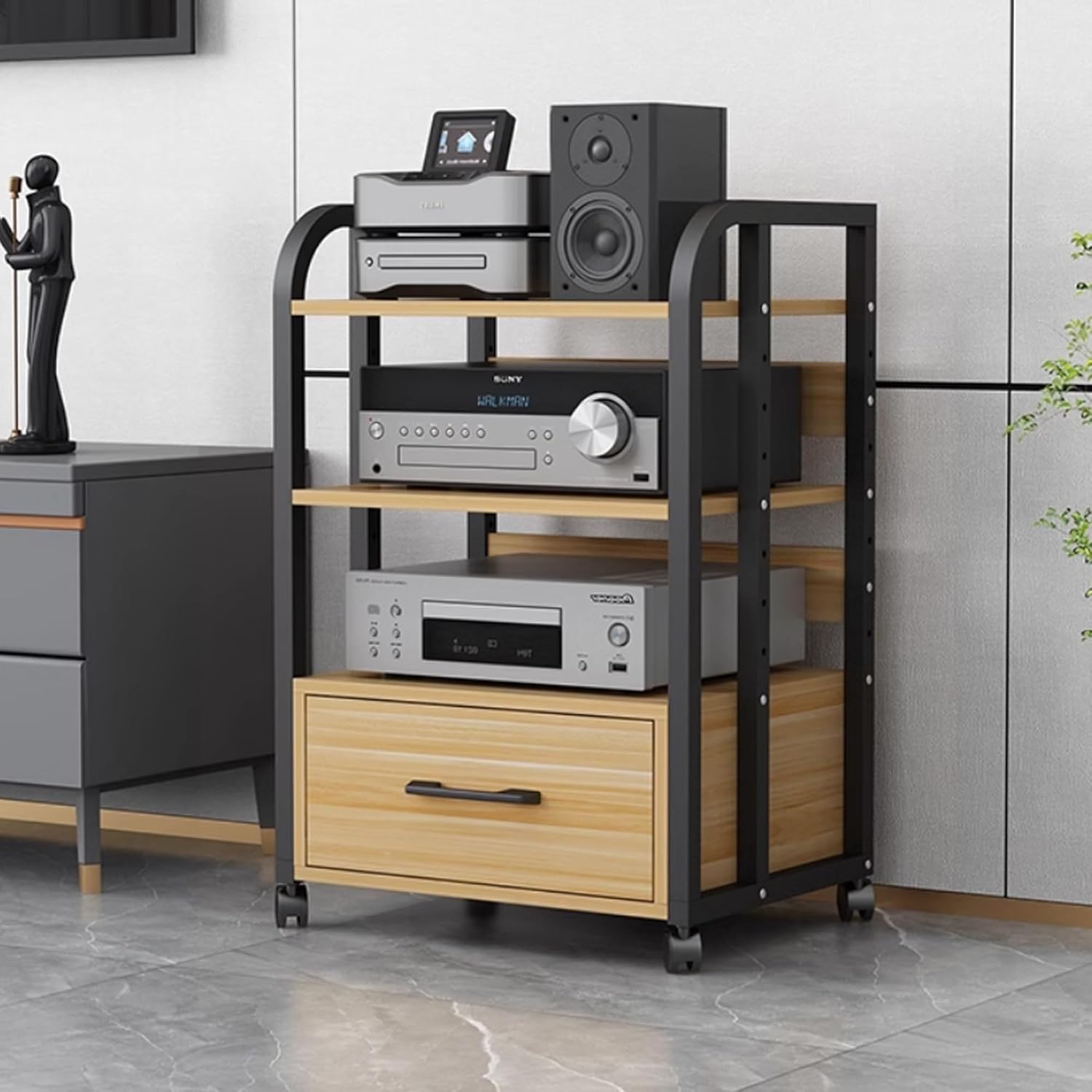 AV Media Stand with Drawer Large Stereo Cabinet Adjustable Rolling Audio Tower for Home Entertainment for Office Recording Room Creative idea(Natural