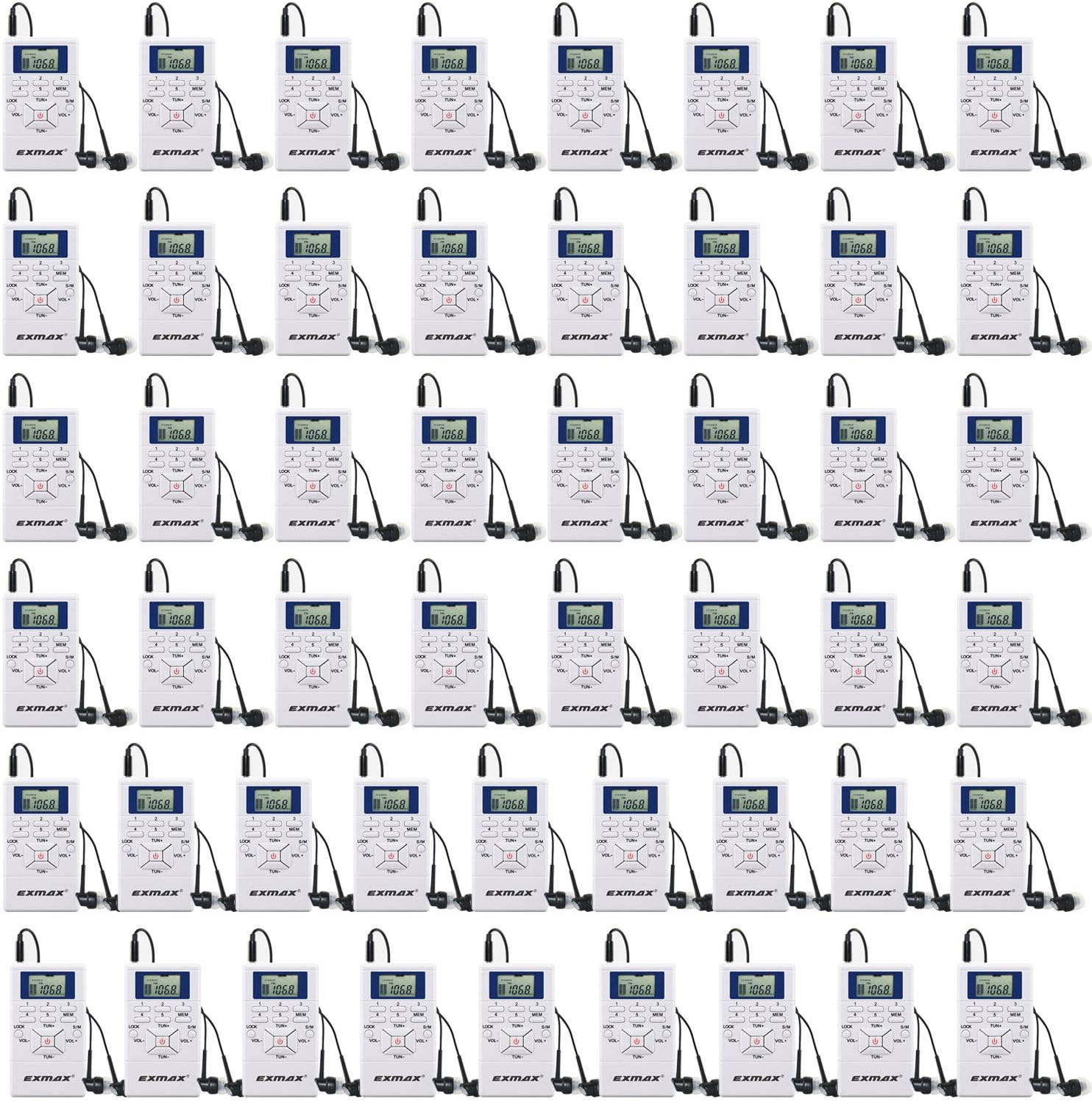 EXMAX E108 Wireless Portable Pocket DSP FM Stereo Radio Digital Receiver with Mini LCD Clock Earphone for Tour Guide System Teaching Meeting - 50 Pack (White)