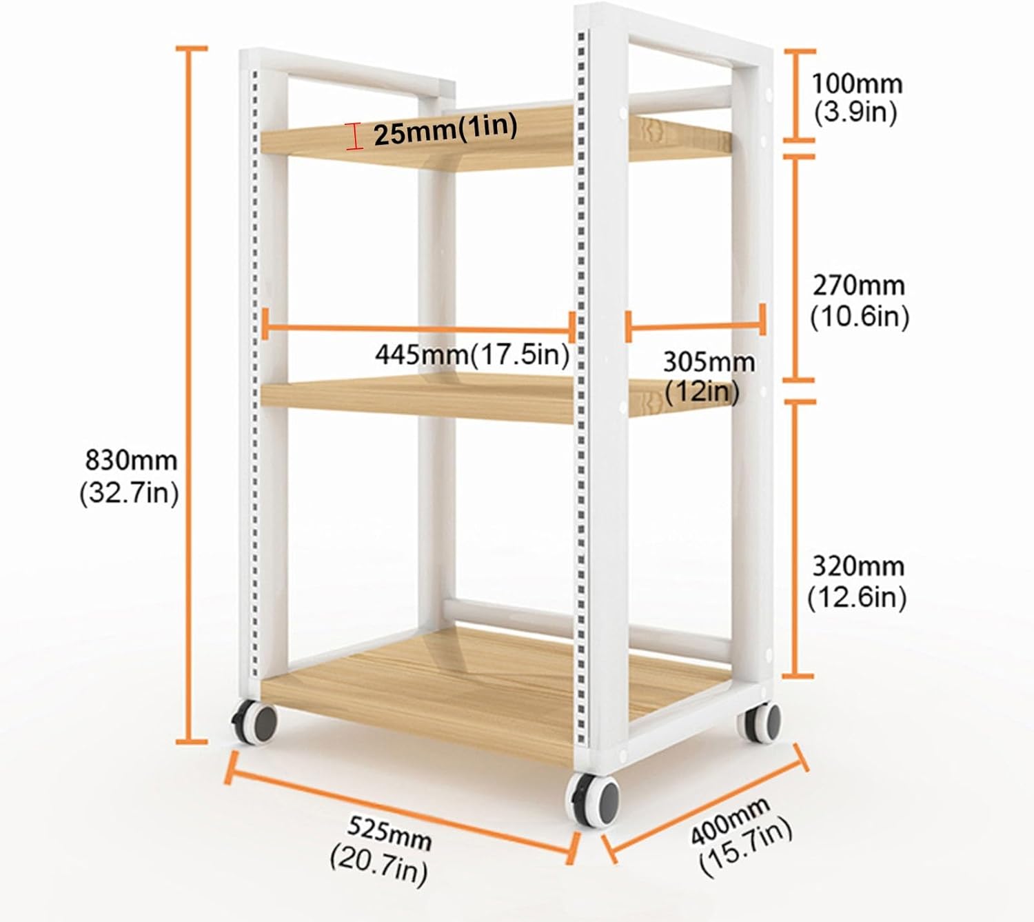 Media Stand 3-Tier AV Media Stand Corner TV Shelf CD Player Stand Stereo Component Storage Cabinet Movable Audio Rack with Height Adjustable Wooden Shelf for Home/Office/Theater