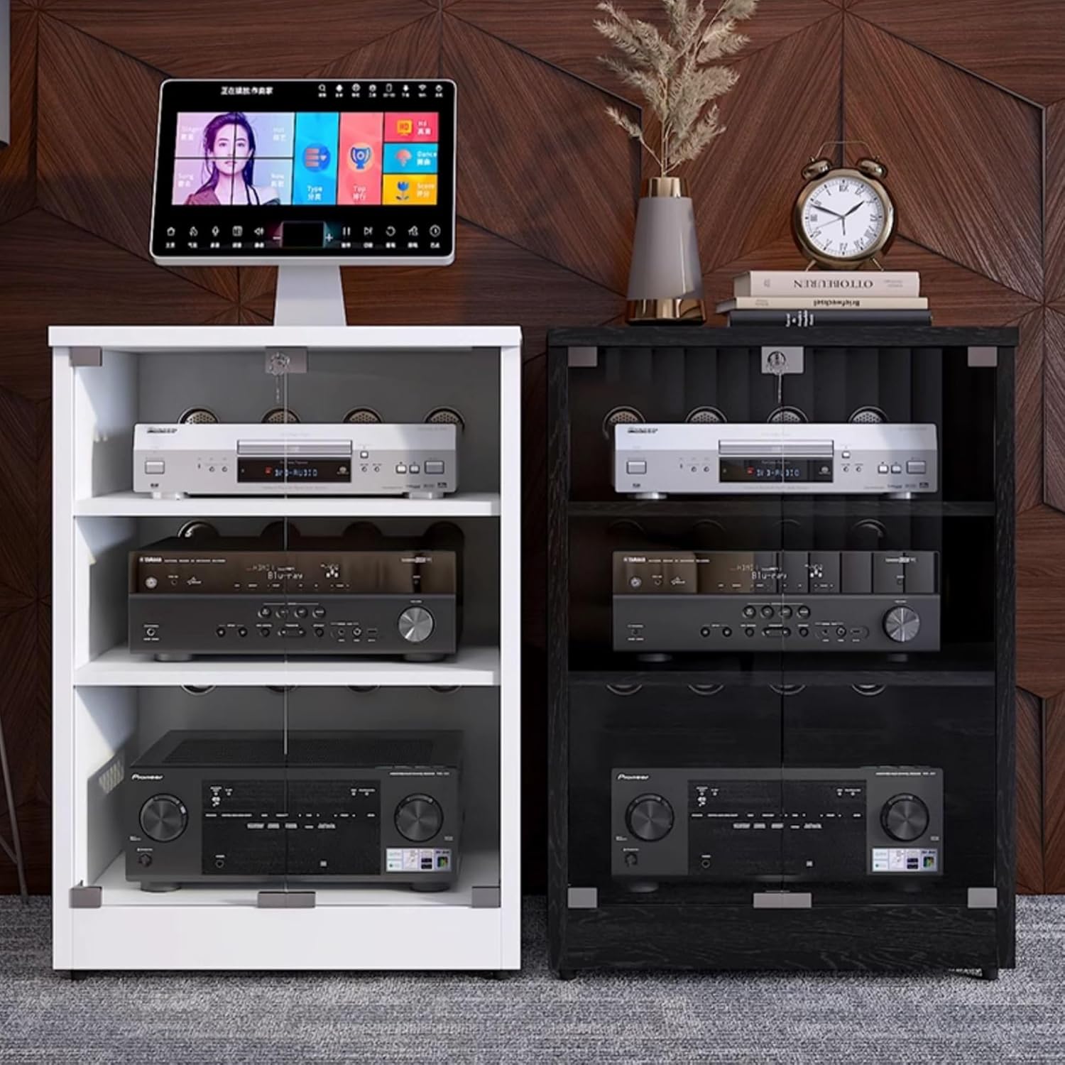 OVOGGPAN AV Media Stand Media Component Cabinet Stereo Audio Rack with Adjustable Shelves Tempered Glass Doors and Cable Management