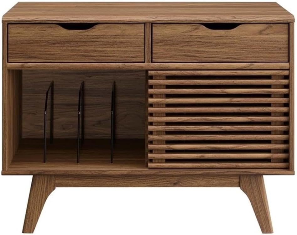 Allora Modern Wood Record Display Stand with Two Drawers in Walnut