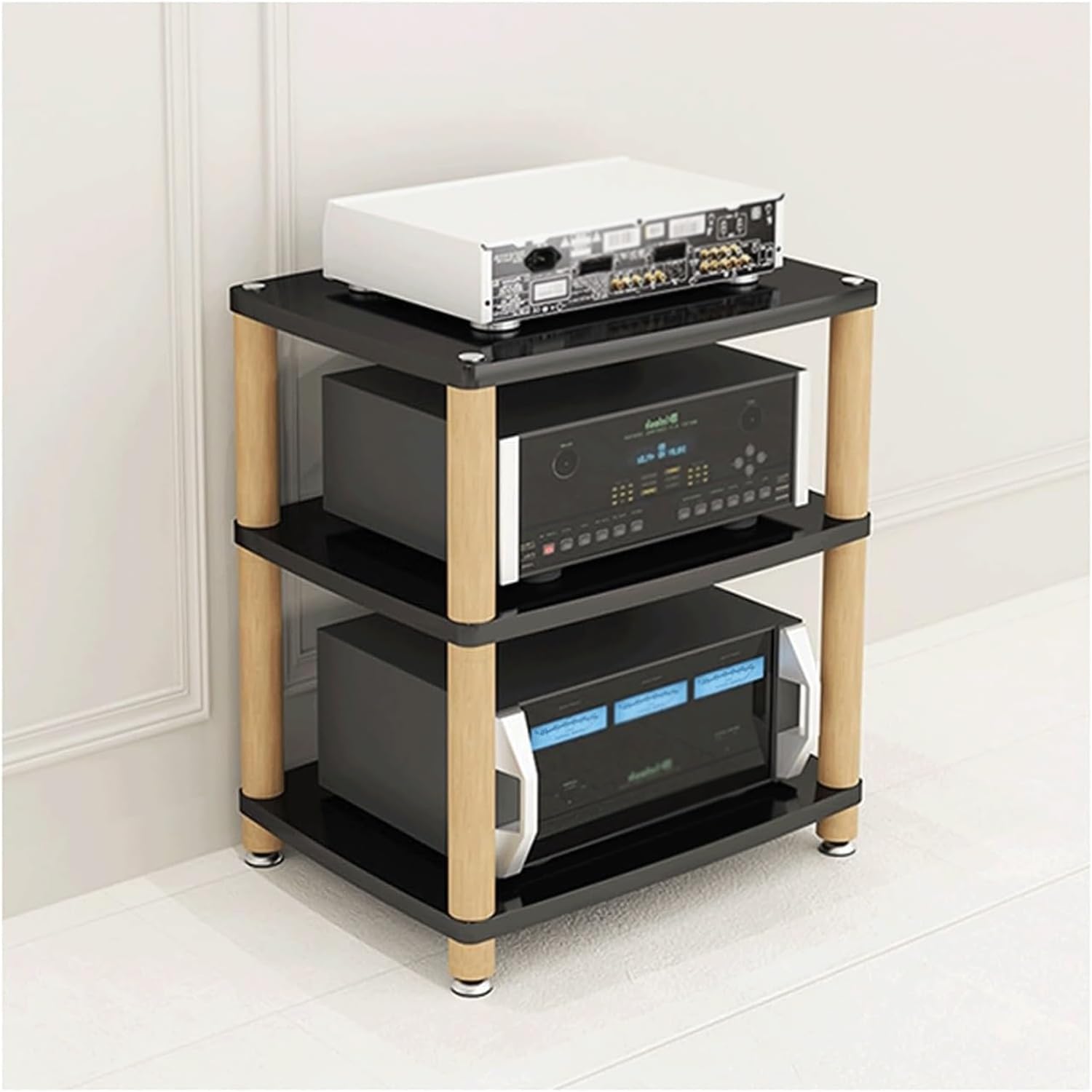 PZEOB Audio Rack Stereo Cabinet Rack Audio Tower Wooden Audio-Video Media Stand 2/3/4 Tier Video Game Console Storage Shelf Modern(Black