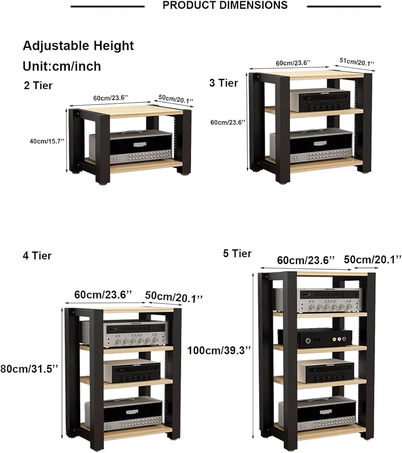 PZEOB Audio Rack Tower 2/3 /4/5 Tier AV Media Stand Adjustable Media Storage Shelves Modern Audio-Video Shelving Stereo Stands and Racks(White