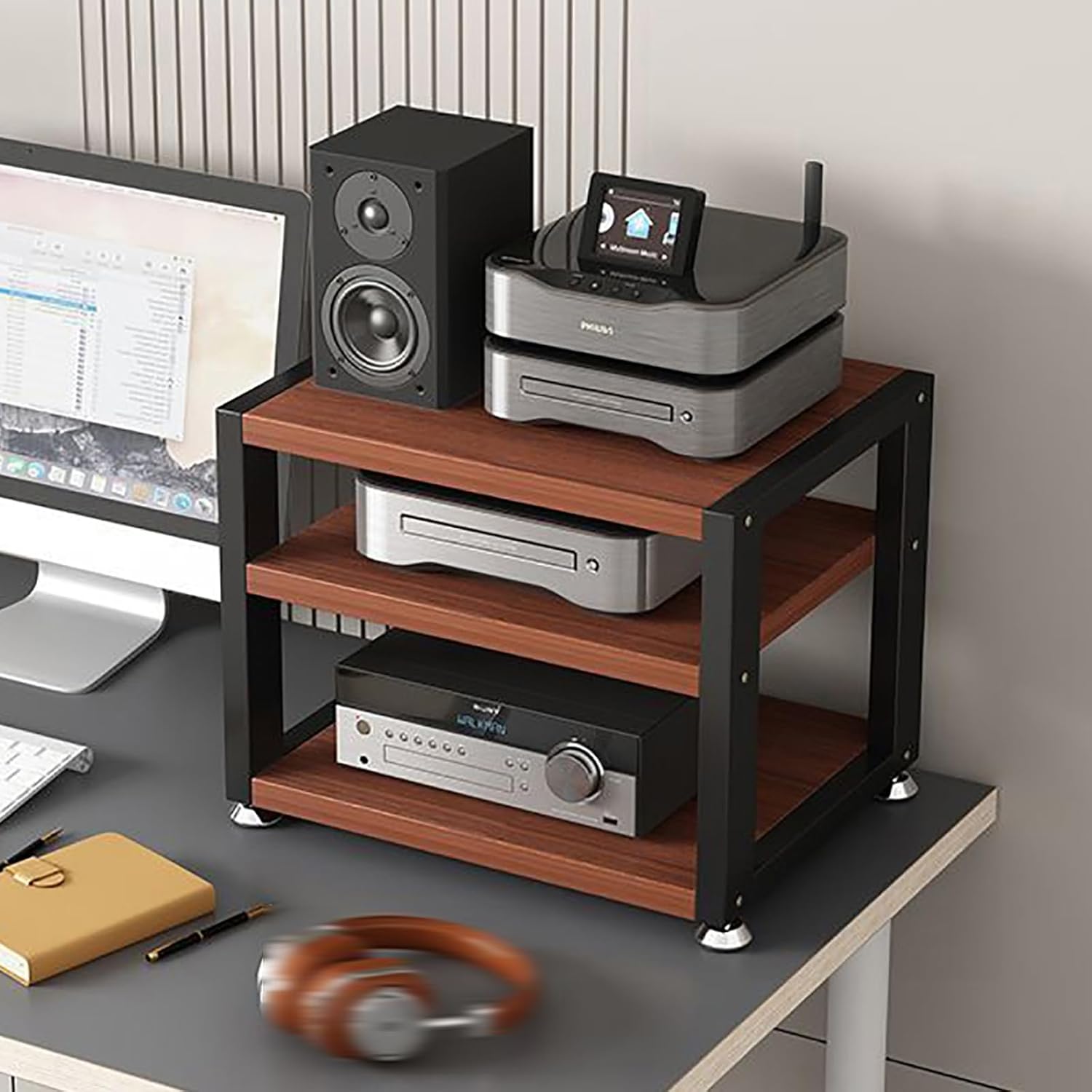 Movable AV Media Stand with Wooden Shelves - 3-Tier Open Stereo Cabinet