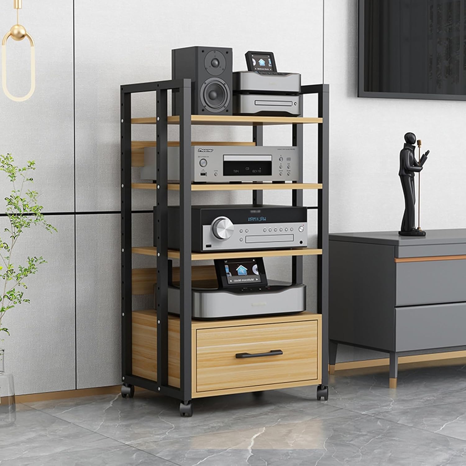 UYCVT Movable Media Stand 3/4-Tier Movable Media Stand Audio/Video Component Cabinet Record Player Stereo Cabinet Rack Audio Tower and Drawer-B-4 Tier