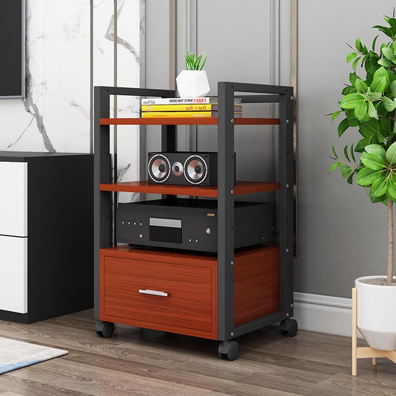 3/4/5-Tier Audio Rack CD Media Player Stand Audio/Video Component Cabinet Floor-Standing Movable Storage Shelf with Wheels and Drawers for Home/Office/Theater