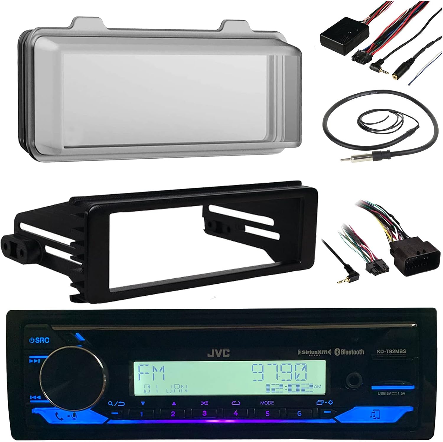 Single DIN Marine Radio CD Receiver Bundle Combo with 1998 2013 HD Motorcycles Touring Flht Flhx Flhtc + Adapter Dash Kit with Handlebar Control Module + Weathershield Cover + Wire Antenna
