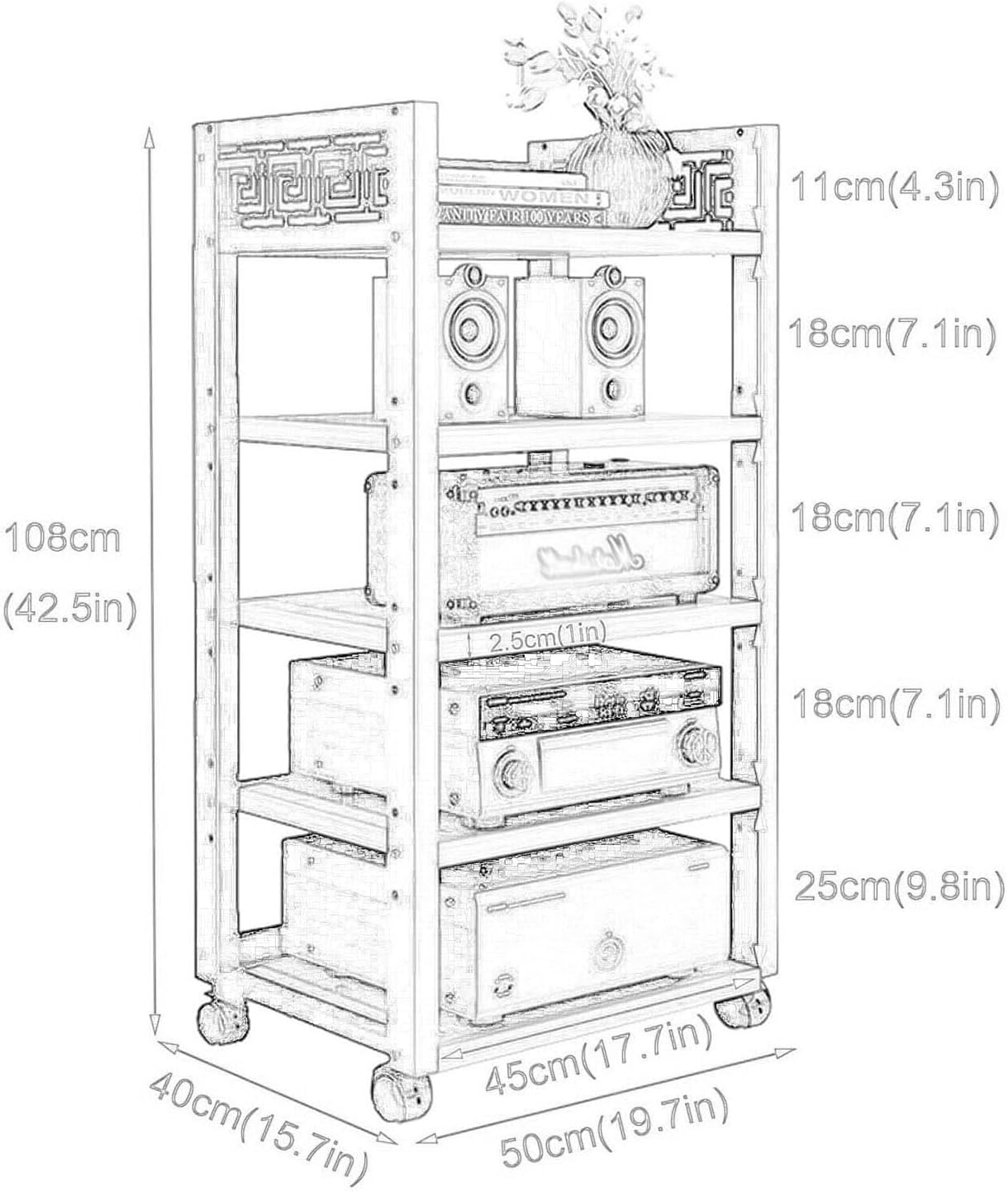 3/5-Tier AV Media Cabinet Stand Audio/Video Component Cabinet Stereo Rack Audio Tower With Caster Wheels & Adjustable Shelf Multi-Function Open Storage Shelf
