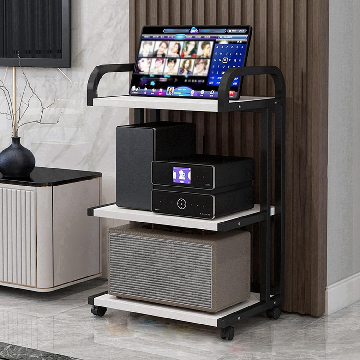 Audio Rack Movable Corner Storage Shelf with Wheels 3/4 Tier Floor Standing Audio Rack with Universal Wheels Entertainment Stereo Stand Media Tower for Living Gaming Recording Room.(White