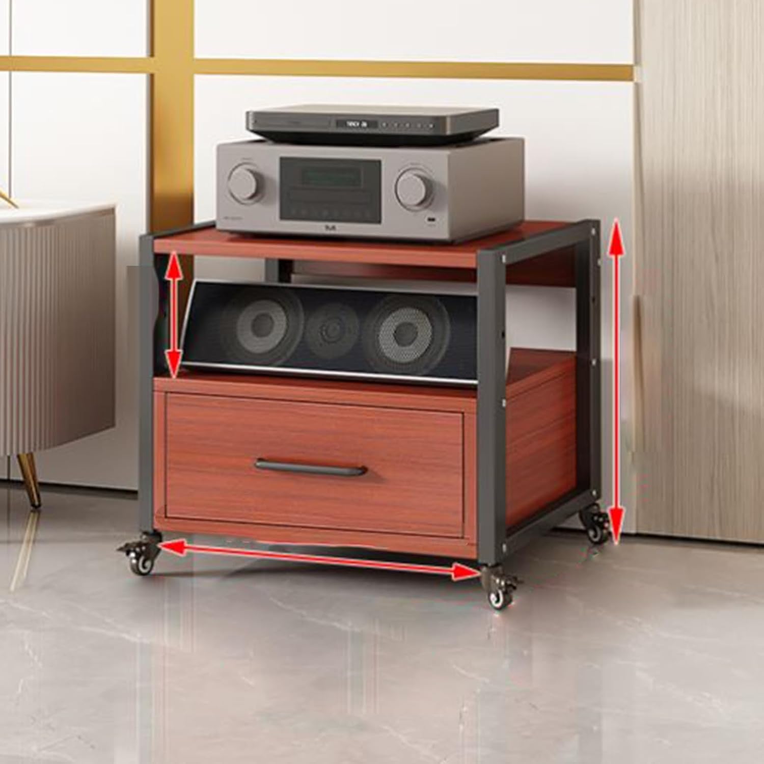 POWRZZZY Audio Rack Record Player Stand 4-Tier Portable Media Storage Rack Stereo Audio Rack Stand Tower Movie & Video Games Collections for Gaming Meeting Living Recording Room(Teak