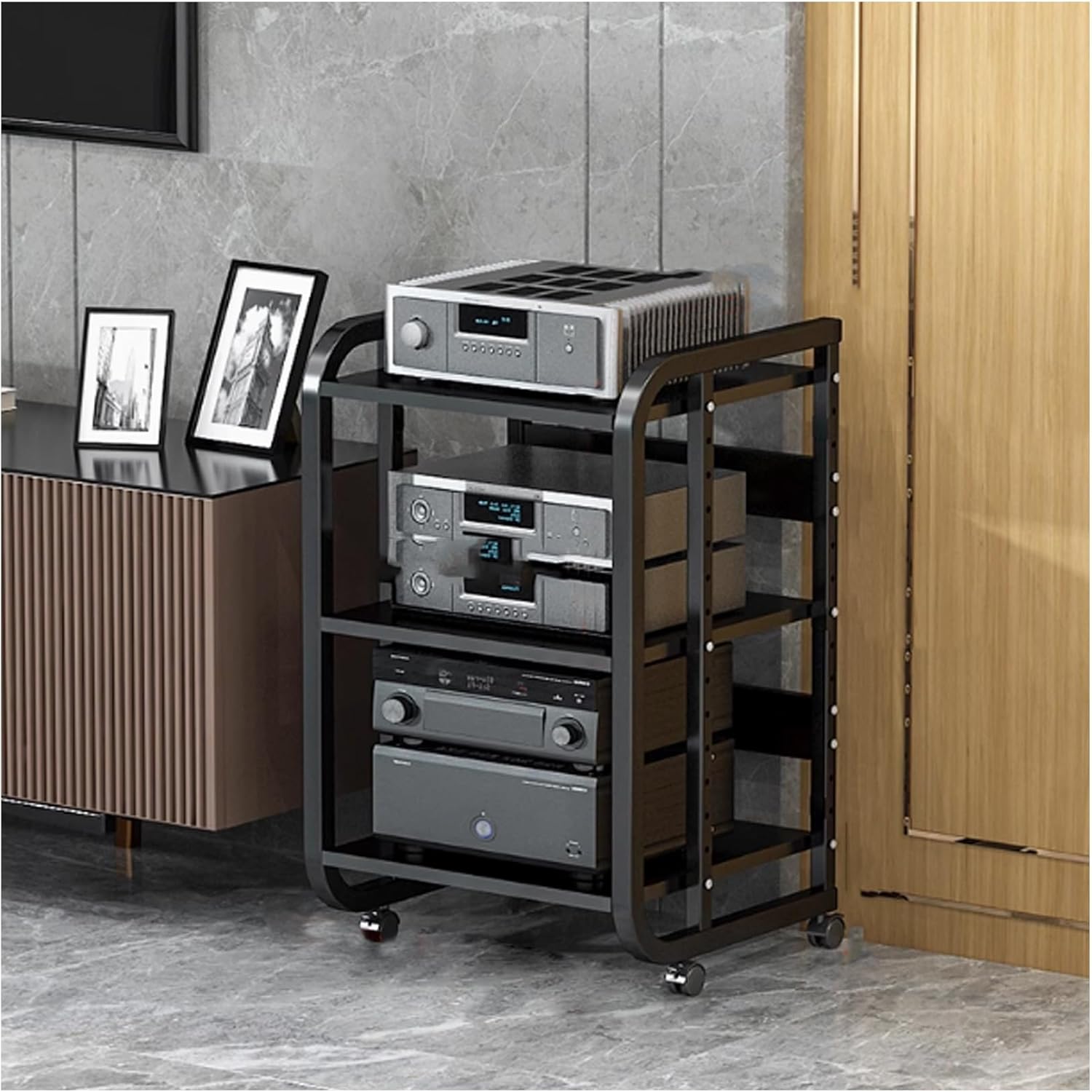 OVOGGPAN AV Media Stand Stereo Racks Open Storage Shelves audio rack cabinet audio-video shelving for Office Bedroom Living Room Recording Room