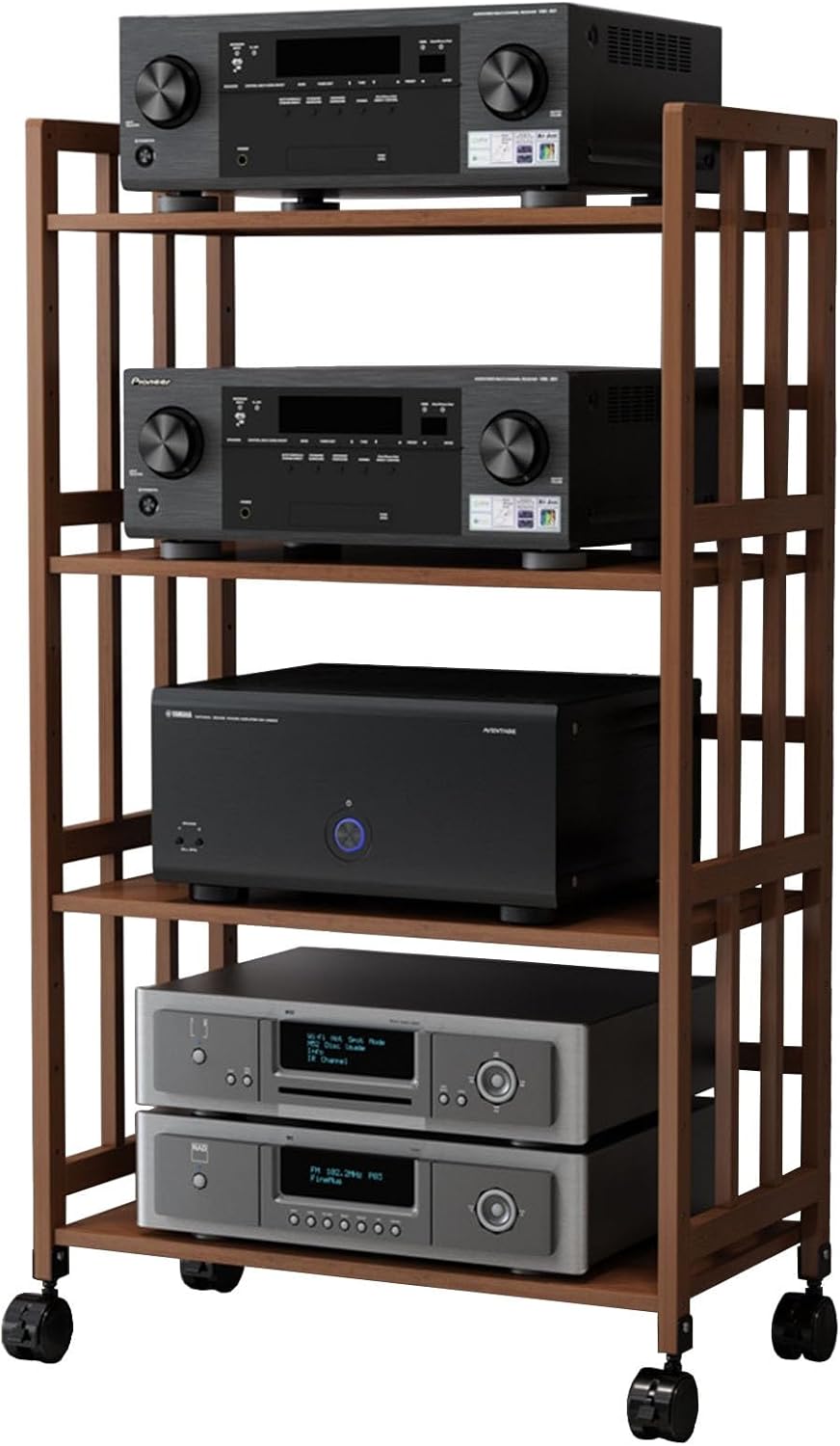 QFDGFDBCX 4-Tier AV Media Stand with Adjustable Wooden Shelves | Stereo Audio Rack CD Storage Cabinet for Home