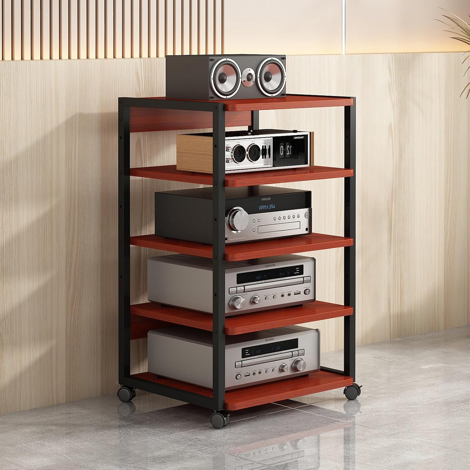 KOMFGT Modern 5-Tier Av Media Console Stand Corner Entertainment Center with Wooden Storage Shelves for Audio Video Game Consoles Stylish Home Furniture 50X40X90Cm