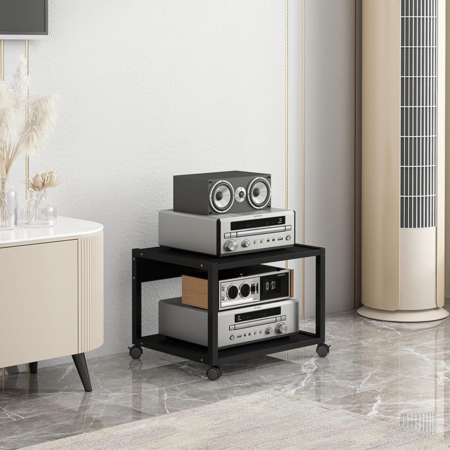 UYCVT Movable Media Stand 2/3-Media Stand Amplifier Rack Corner Movable Audio Tower with Storage Wooden Shelves and Steel Frame