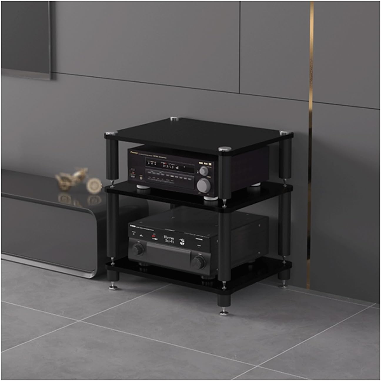 XMFBSY Medios HiFi Rack AV Media Stand Stereo Component Cabinet Wood Shelf Rack Audio Tower Modern Record Player Media Console Stand for Home Office Theater Organizer(Black