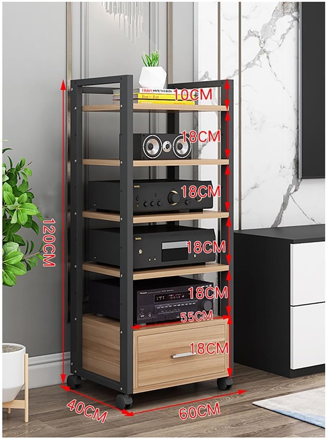 60 Long Multi-Tier Audio Rack with Drawer Amplifier Stand HiFi AV Cabinet Mobile Kickstand CD Rack Media Storage Shelf Protects and organizes Your Valuable Music