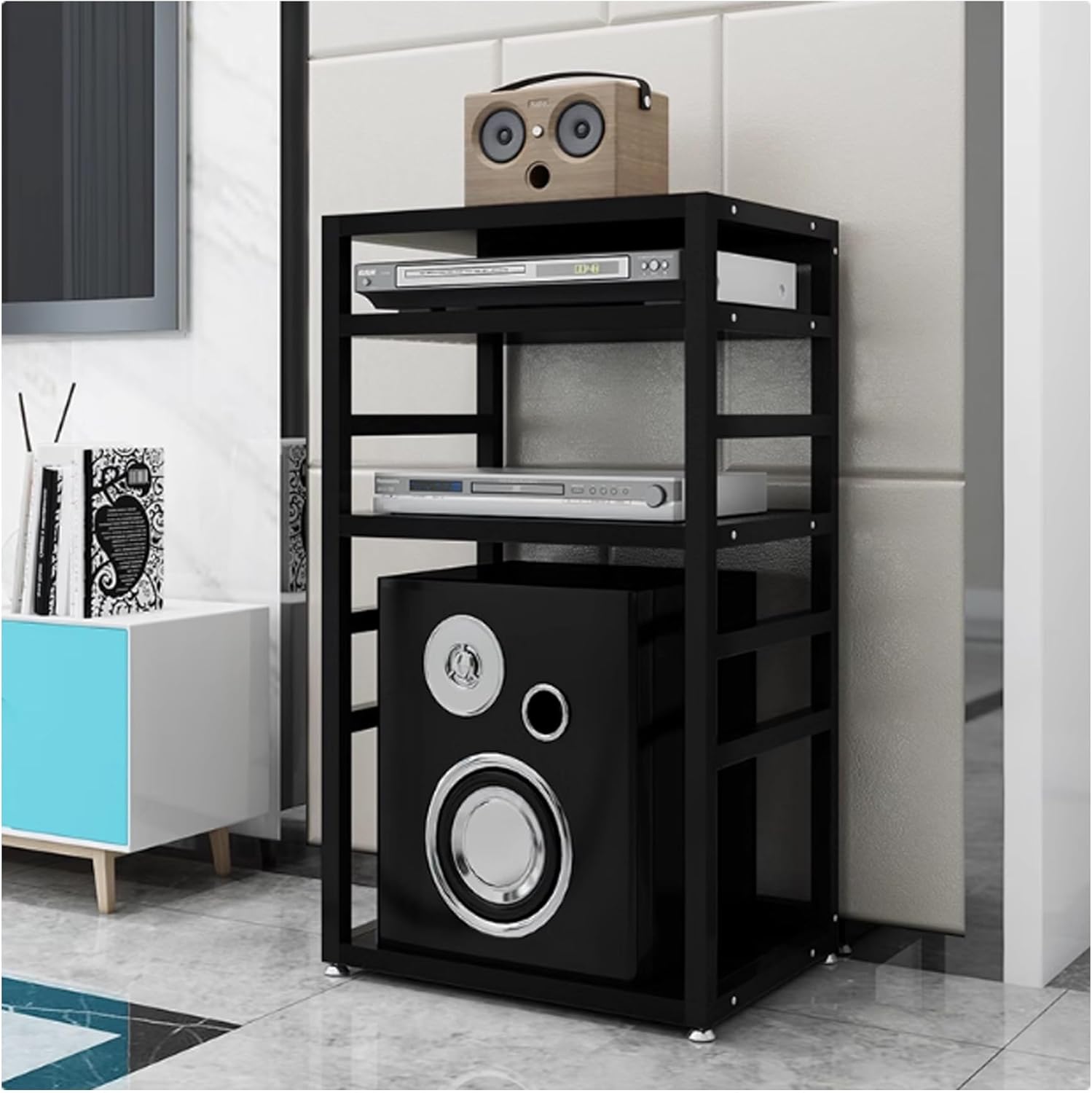 4 Tier AV Media Stand 96cm high Audio-Video Shelving Media Cabinet Audio Component Rack Open Media Console Audio Stereo Rack Tower for Recording Room