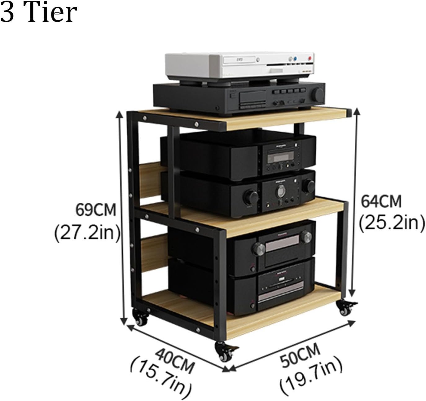3-Tier Movable Media Stand DVD CD Player Stand Modern Stereo Component Cabinet Audio Vedio Rack Tower Open Storage Wooden Shelf for Home/Office/Theater(Color:B)