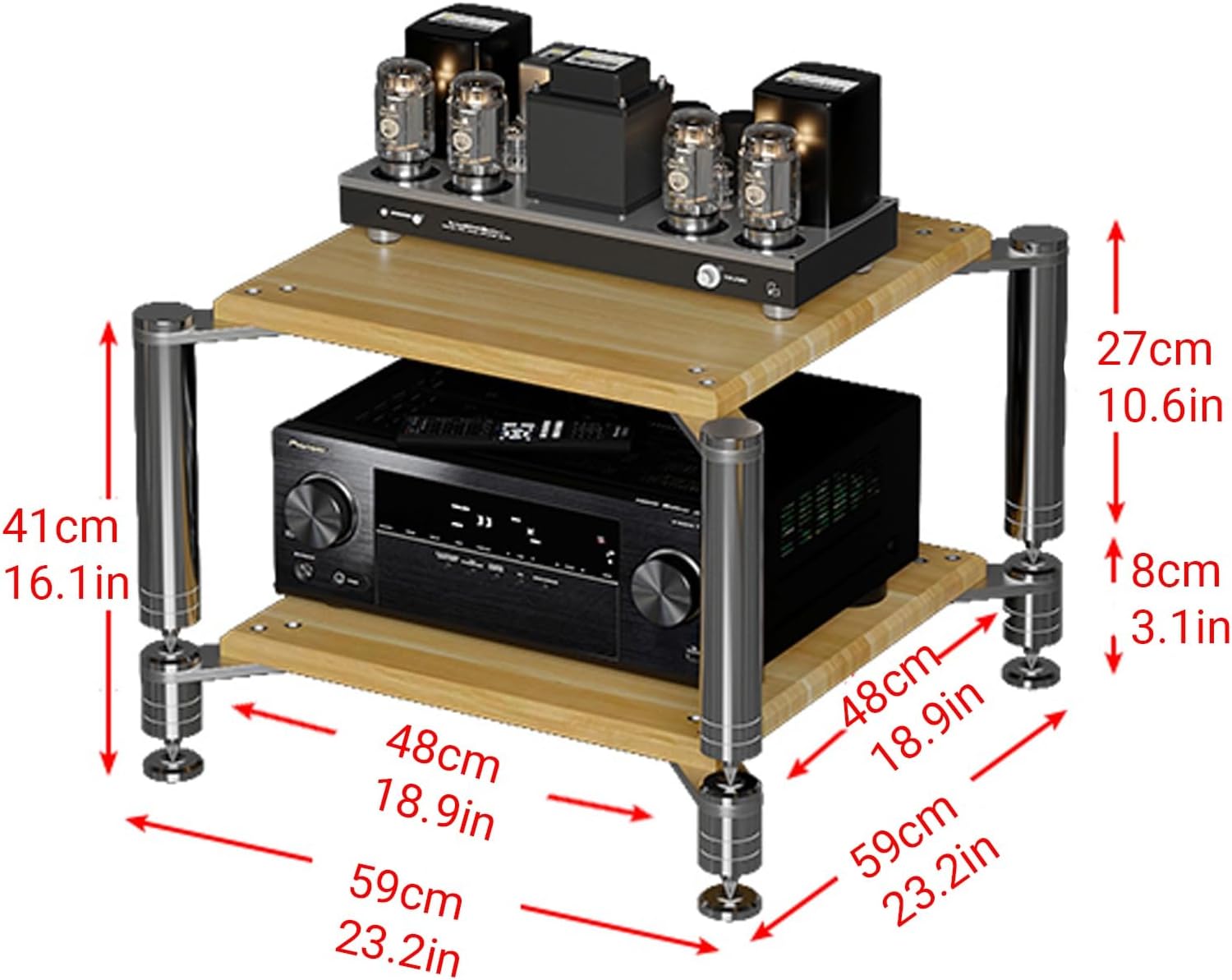YITAYMLI 1/2/3/4 Tier Audio Video Media Rack Tower AV Stereo Cabinet DVD Component Shelf Stainless Steel Support Columns Wood Component Shock Absorption Rack for Home(Wood