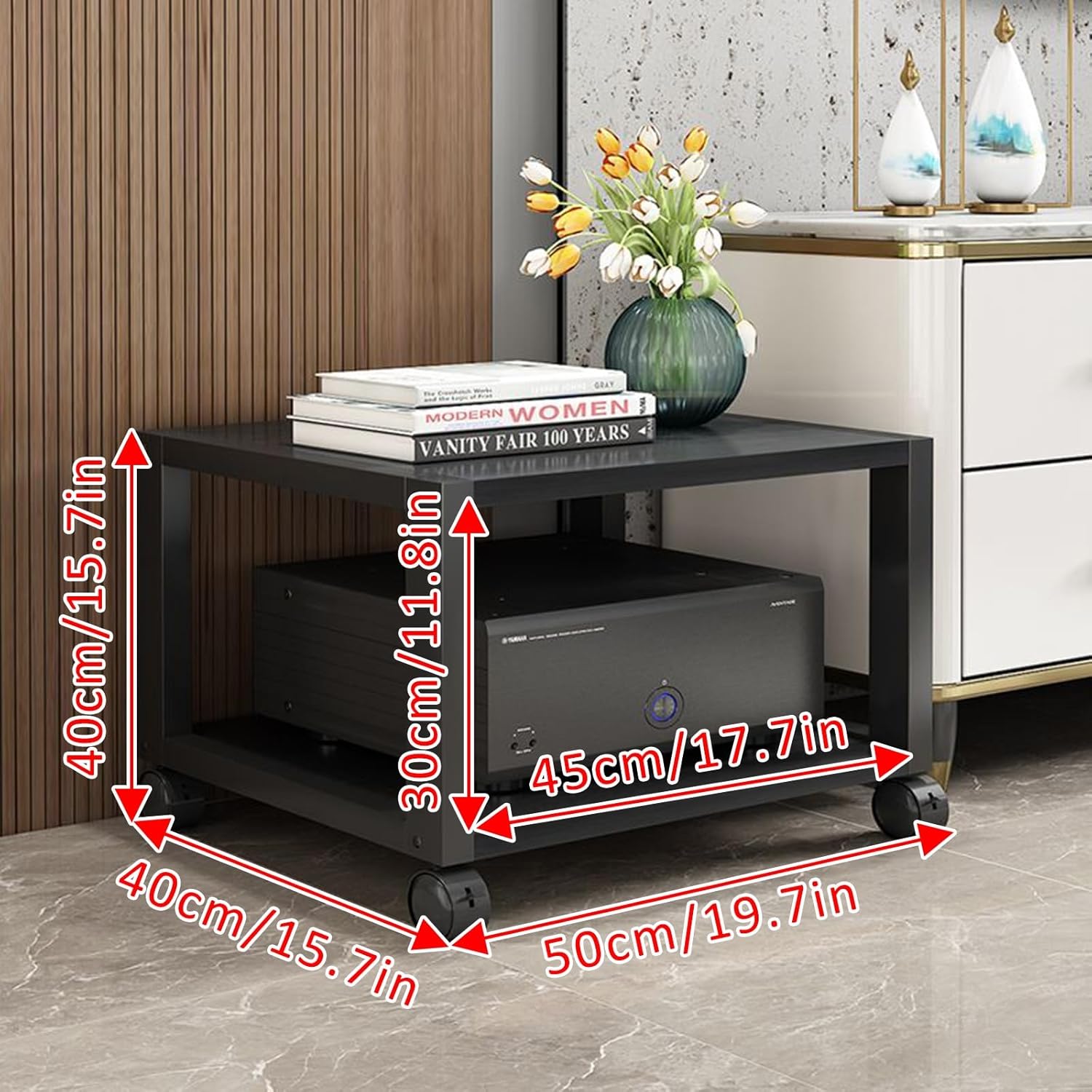 Stereo Stand Record Player Stand with Storage 2-Tier AV Media Stand Corner Shelf Movable Audio Rack Tower Player Stand Storage for Entertainment Stereo Component for Living Gaming Recording Room(White