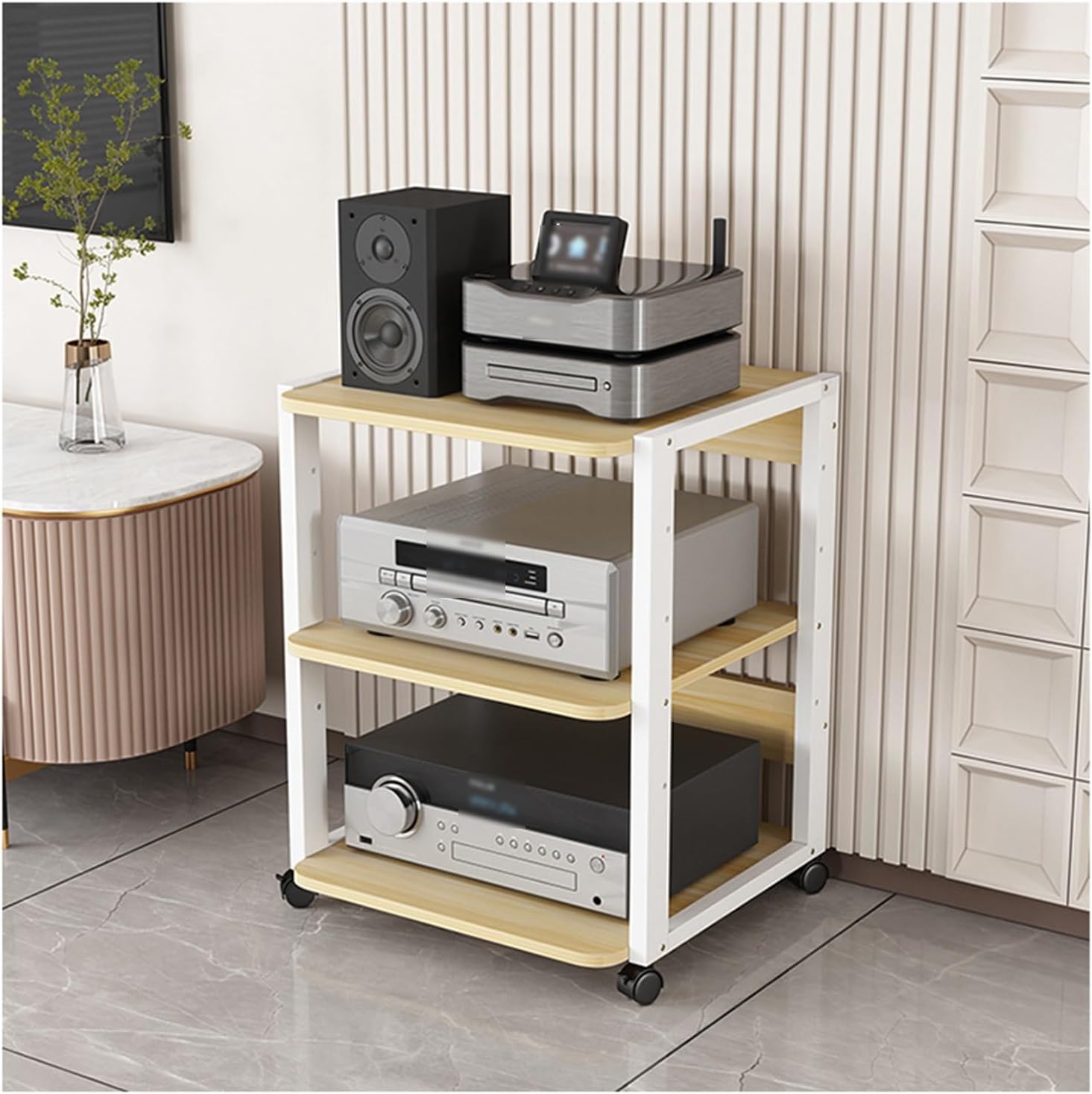 Media Stand 3 Tier AV Media Rack Wooden Corner Frame Component Cabinet Stereo Audio Rack Stand Tower Perfect for DVD Player with Height Adjustable Wooden Stand