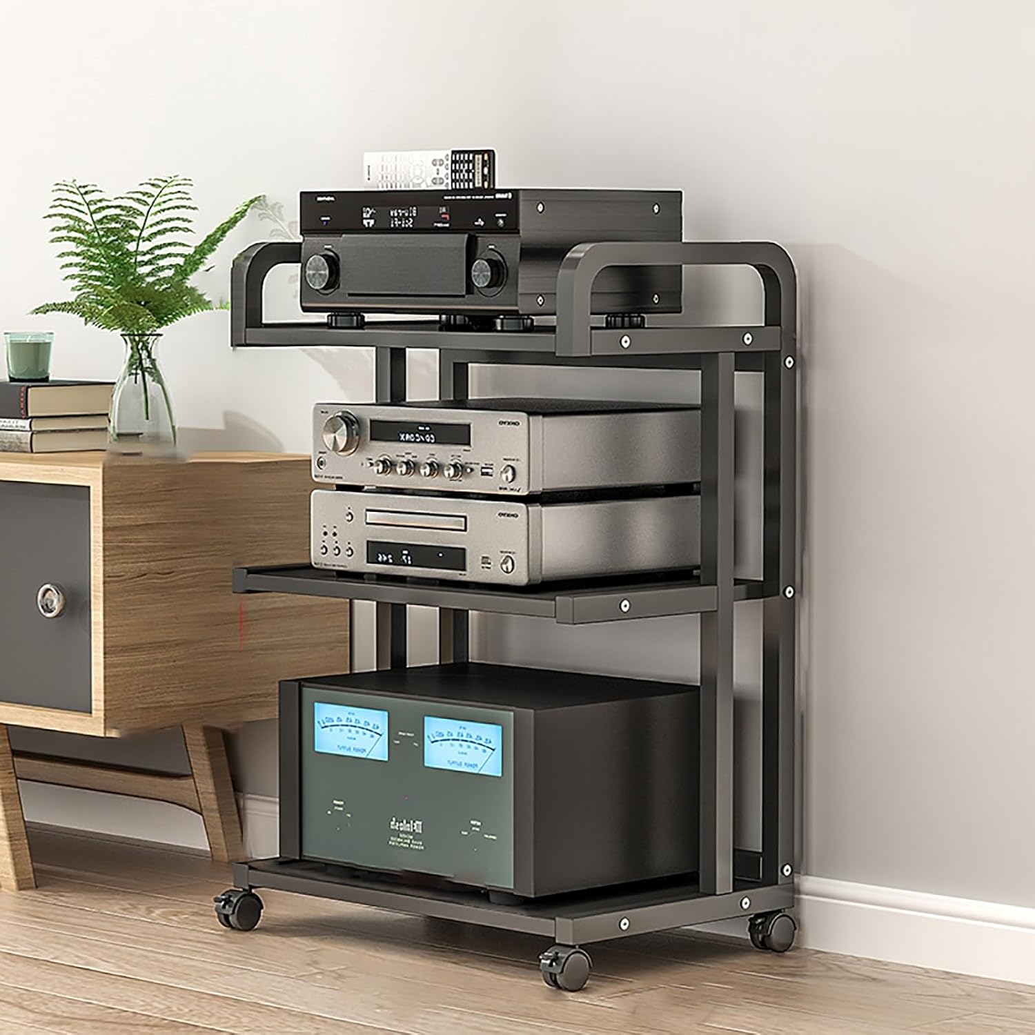 Media Shelf Movable Corner Storage Shelf with Universal Wheel 3/4/5 Tier Floor-Standing Audio Rack High Amplifier Rack Shelf/Audio-video Shelving for Living Gaming Recording Room.(Black