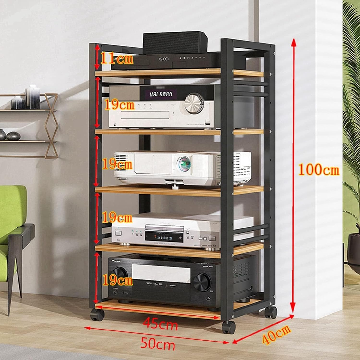 YLQFGUVWK 5-Tier AV Media Cabinet Stand Component Cabinet with Height Adjustable Wooden Shelves Open Storage Shelves for Home/Office/Audio Video/DJ/Theater (Color : Black